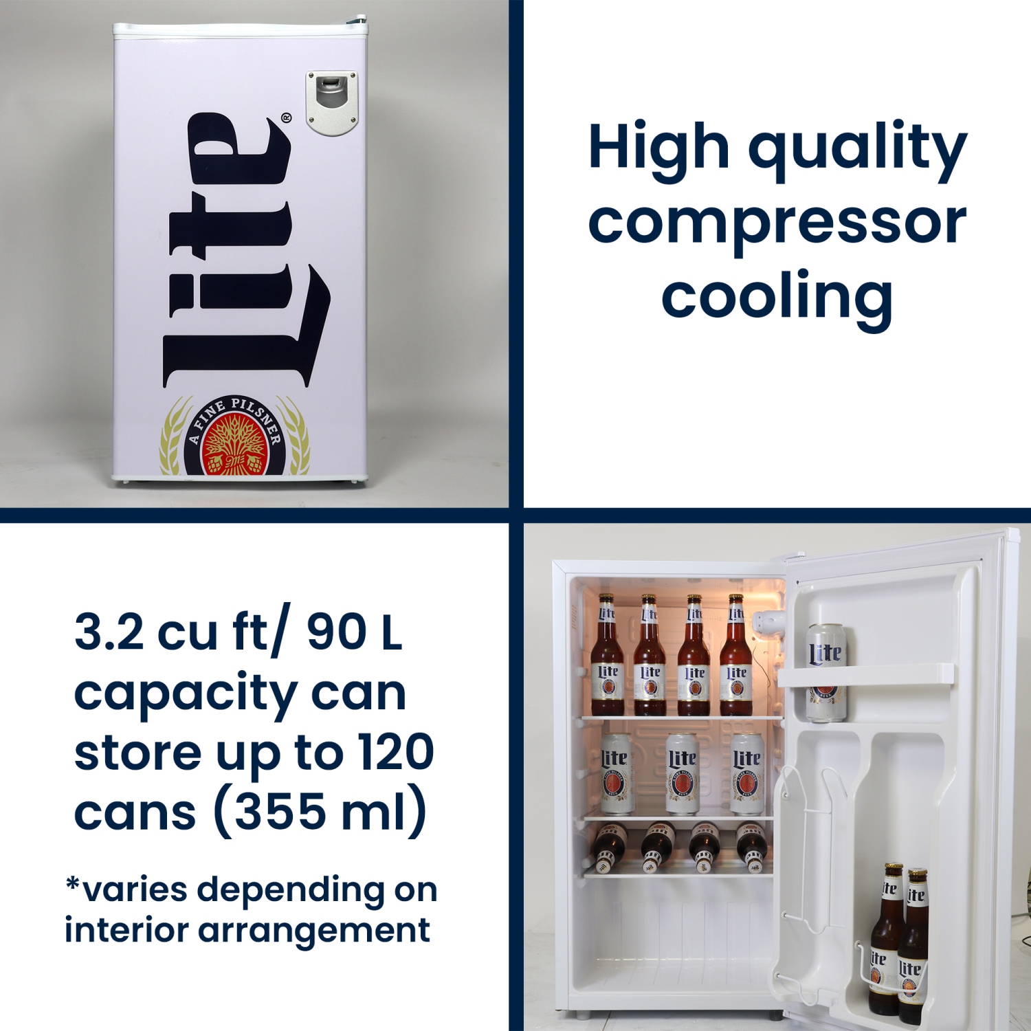 Miller Lite Compact Fridge w/ Bottle Opener, 3.2 cu ft, White, Space-Saving Flat Back Design, Reversible Door, Tempered Glass Shelves, Licensed