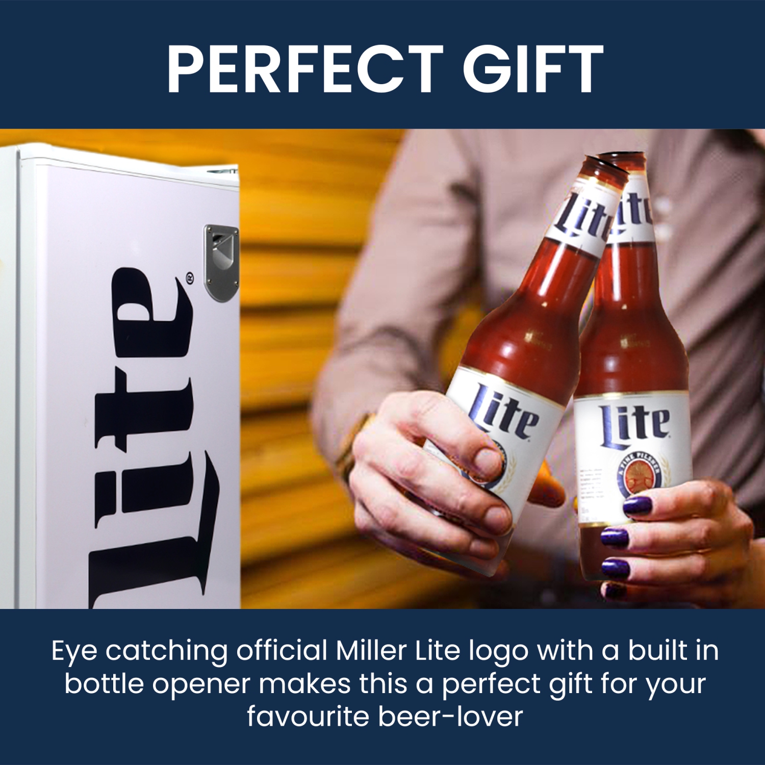 Miller Lite Compact Fridge w/ Bottle Opener, 3.2 cu ft, White, Space-Saving Flat Back Design, Reversible Door, Tempered Glass Shelves, Licensed