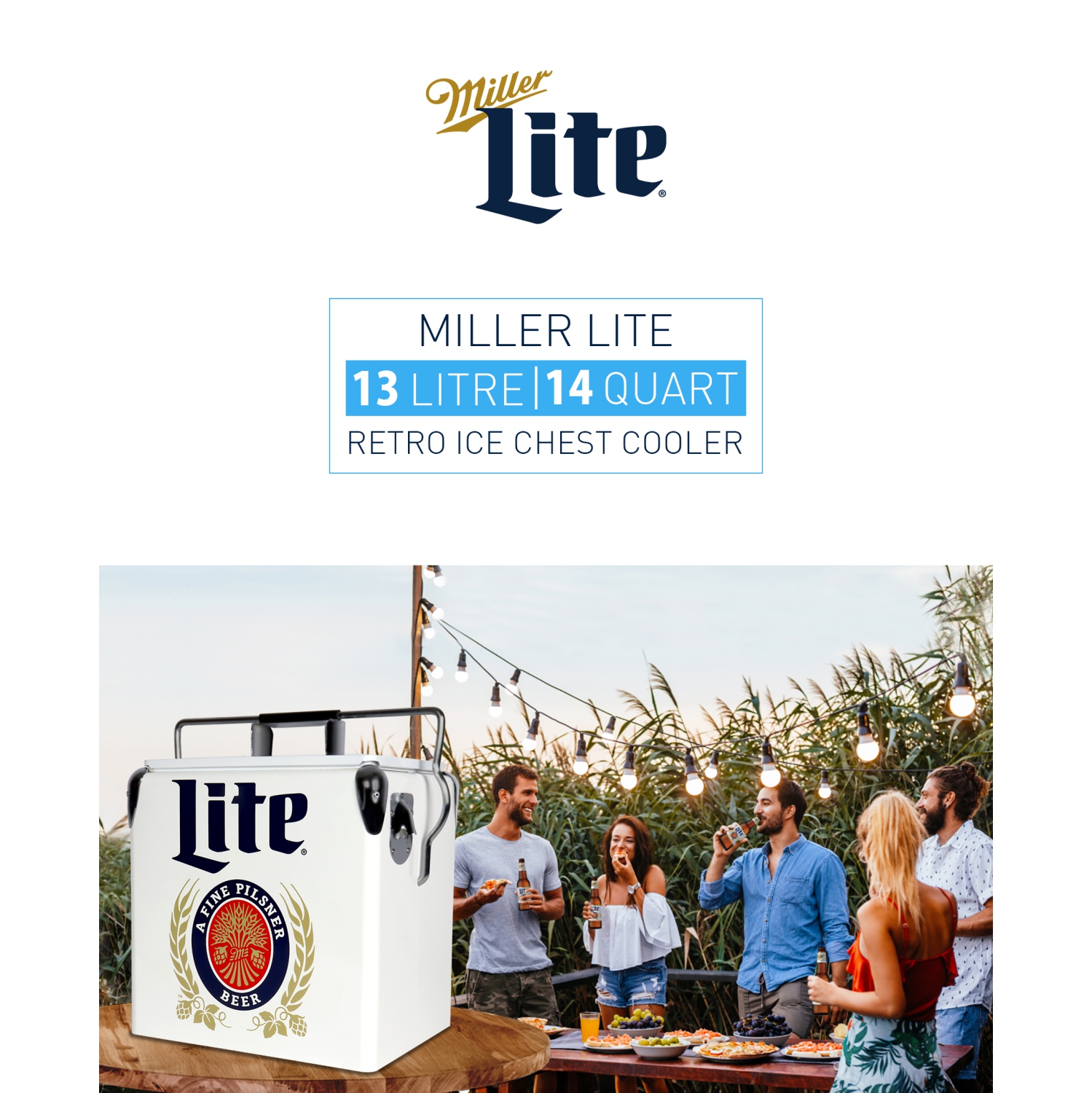 Miller Lite Retro Ice Chest Cooler with Bottle Opener 13L, 18 Can Capacity, Blue and Red, Vintage Style Ice Bucket for Camping, Beach, Picnic, RV,