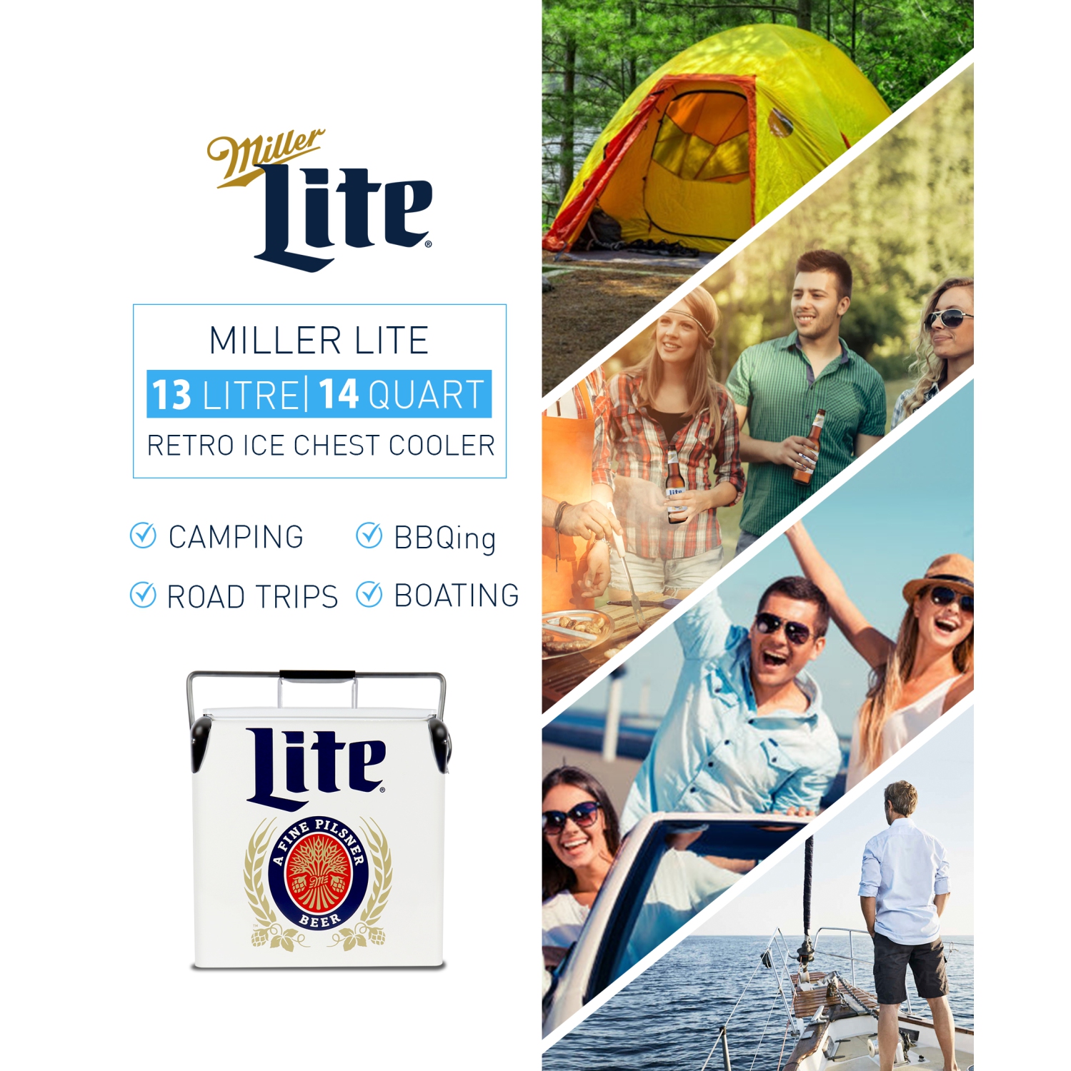 Miller Lite Retro Ice Chest Cooler with Bottle Opener 13L, 18 Can Capacity, Blue and Red, Vintage Style Ice Bucket for Camping, Beach, Picnic, RV,