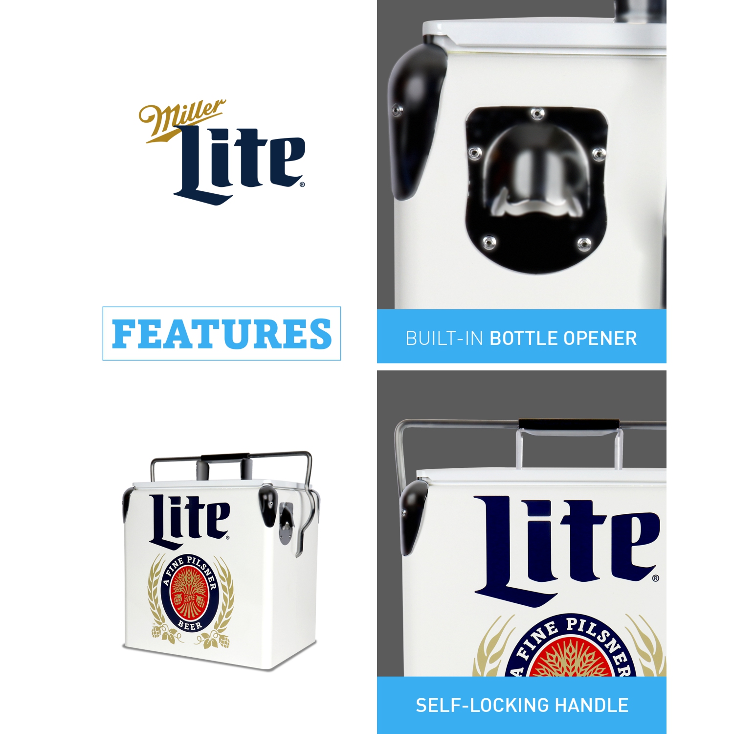 Miller Lite Retro Ice Chest Cooler with Bottle Opener 13L, 18 Can Capacity, Blue and Red, Vintage Style Ice Bucket for Camping, Beach, Picnic, RV,
