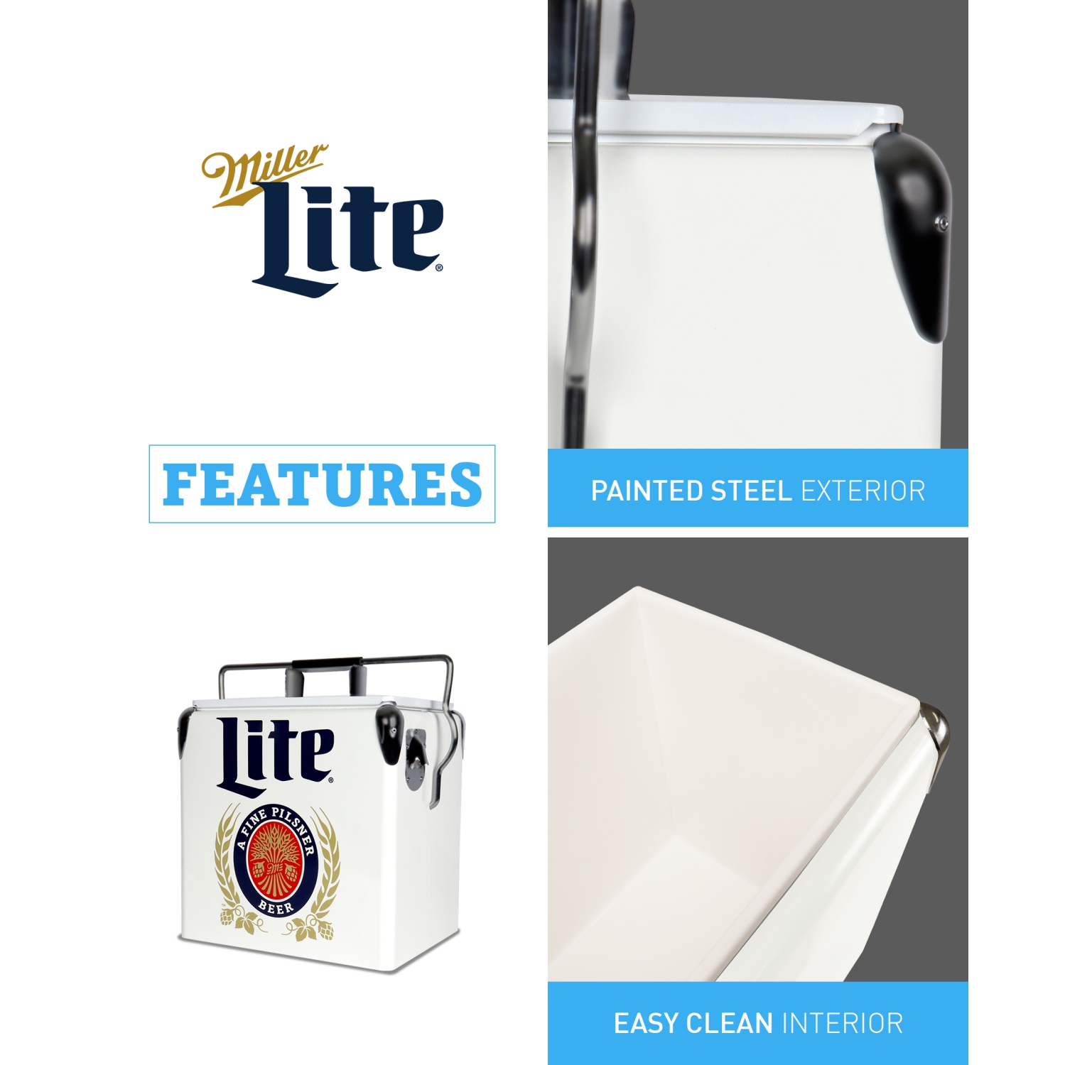 Miller Lite Retro Ice Chest Cooler with Bottle Opener 13L, 18 Can Capacity, Blue and Red, Vintage Style Ice Bucket for Camping, Beach, Picnic, RV,