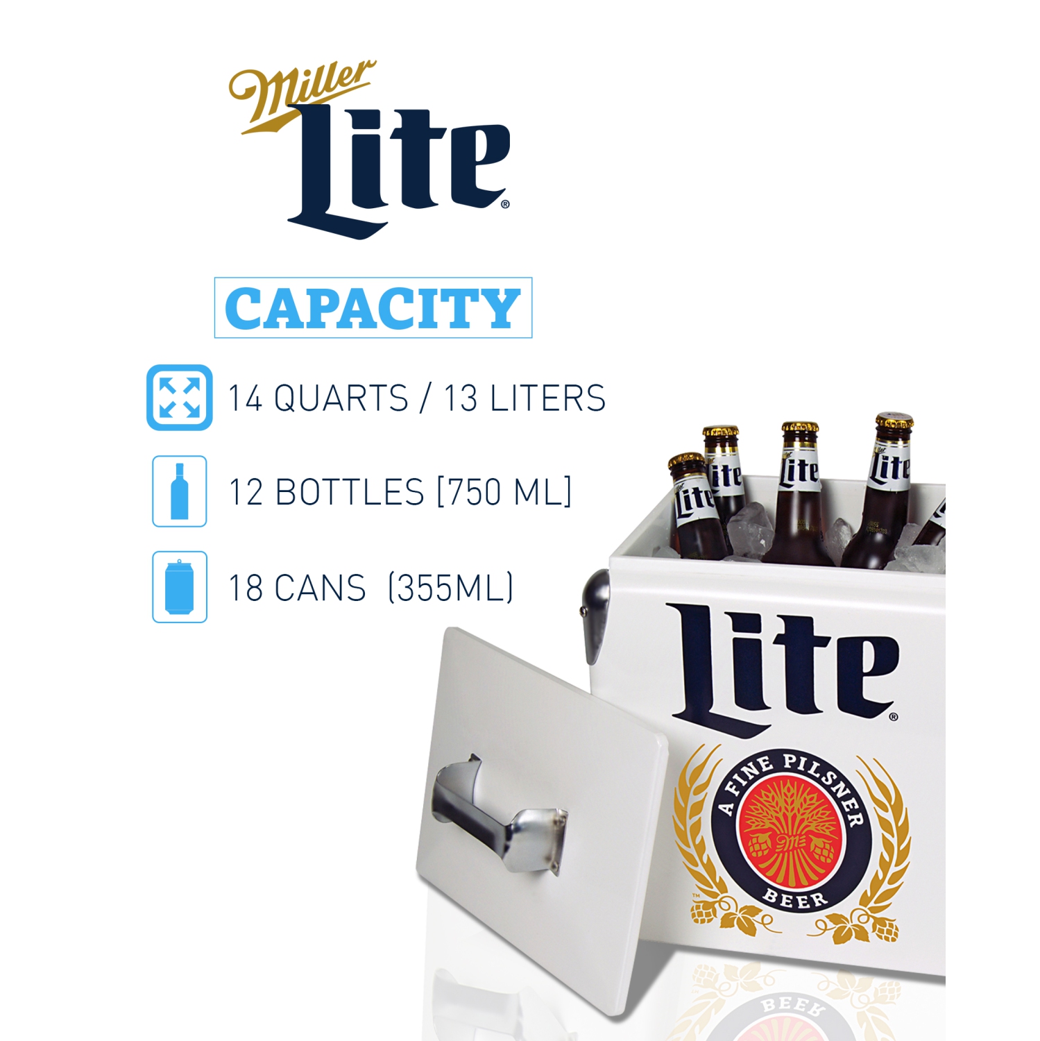 Miller Lite Retro Ice Chest Cooler with Bottle Opener 13L, 18 Can Capacity, Blue and Red, Vintage Style Ice Bucket for Camping, Beach, Picnic, RV,