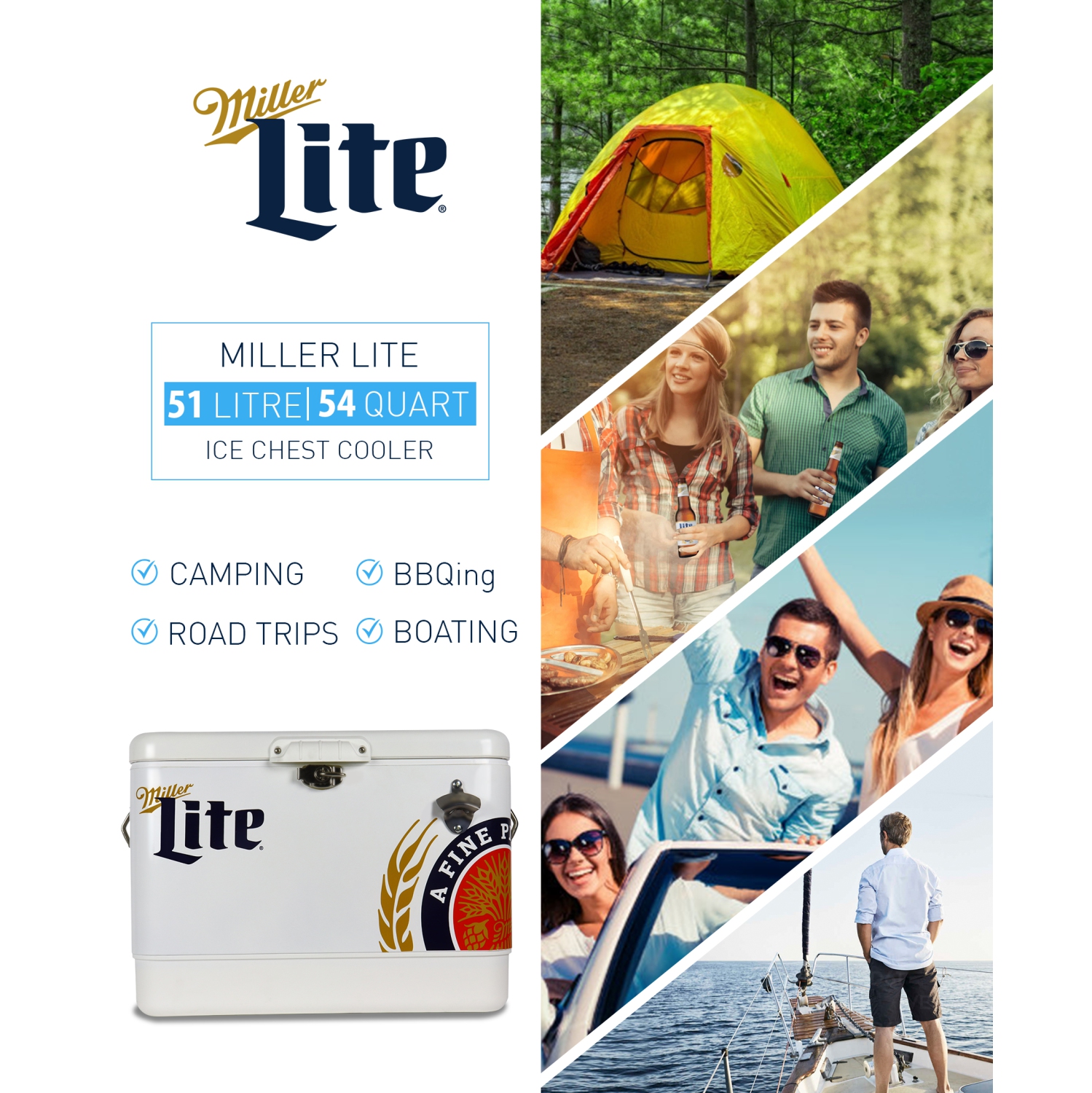 Miller Lite Ice Chest Beverage Cooler with Bottle Opener, 51L, 85 Can Steel-Belted Portable Cooler, White and Black, for Camping, Beach, RV, BBQs,