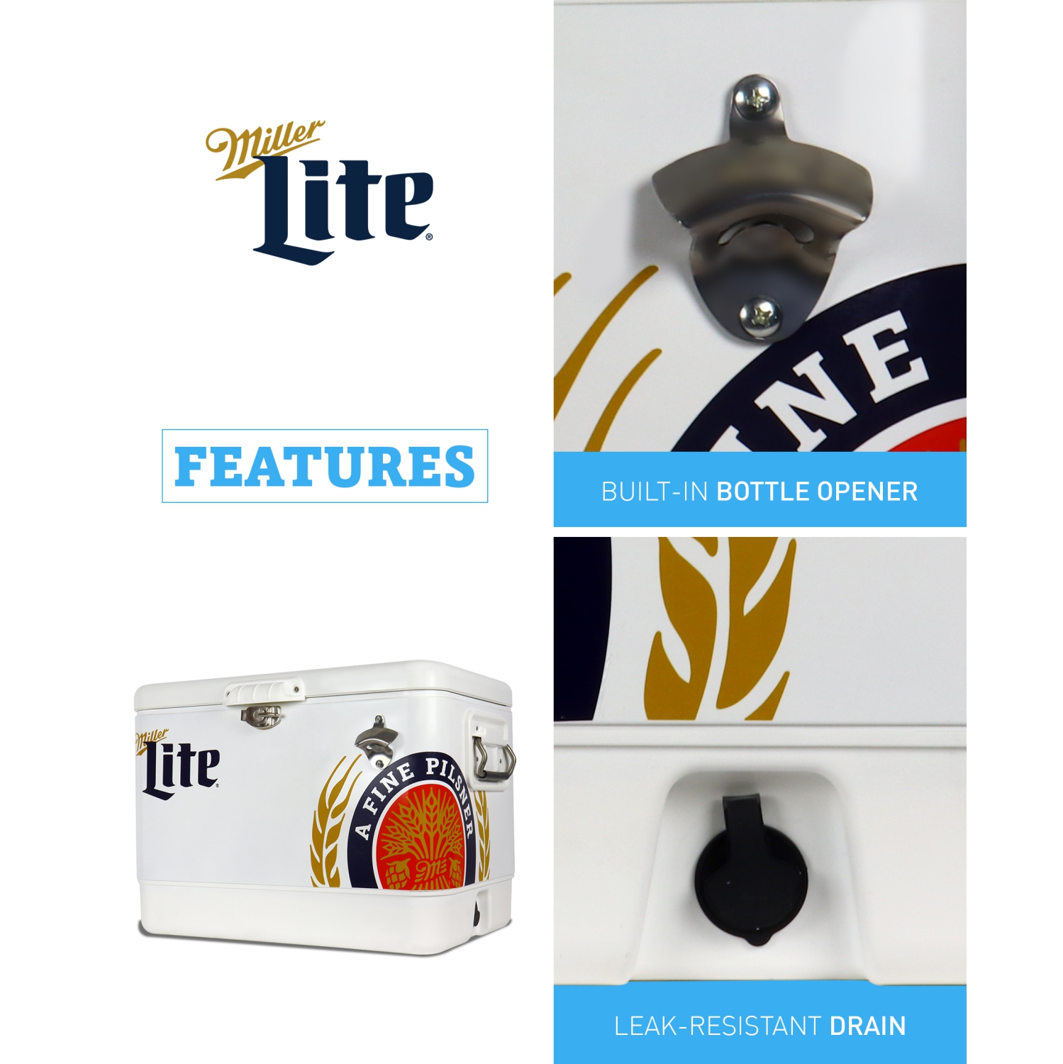 Miller Lite Ice Chest Beverage Cooler with Bottle Opener, 51L, 85 Can Steel-Belted Portable Cooler, White and Black, for Camping, Beach, RV, BBQs,