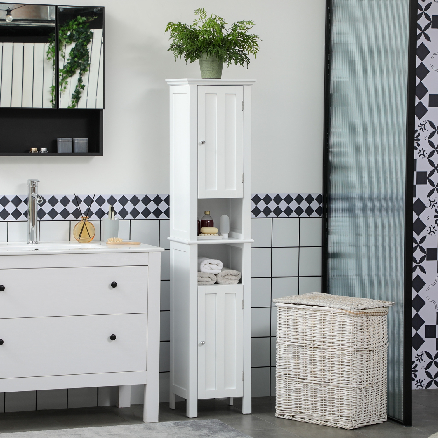 kleankin Tall Bathroom Storage Cabinet, Floor standing Bathroom Organizer, Linen Cabinet with Open Shelves, White