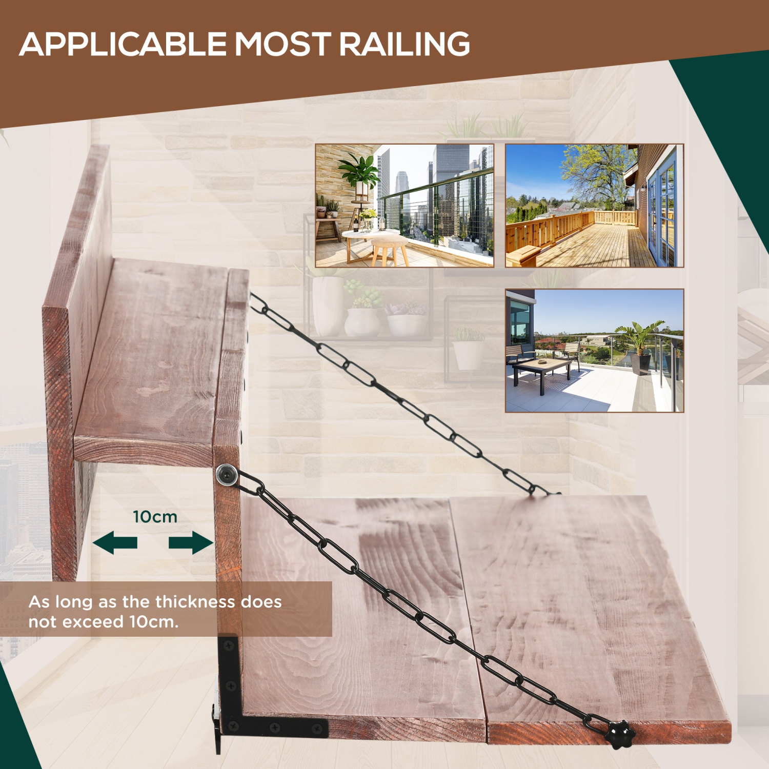 Outsunny Table de garde-corps, table suspendue d'extérieur en épicéa, bureau de balcon pliable pour terrasse et jardin, orange