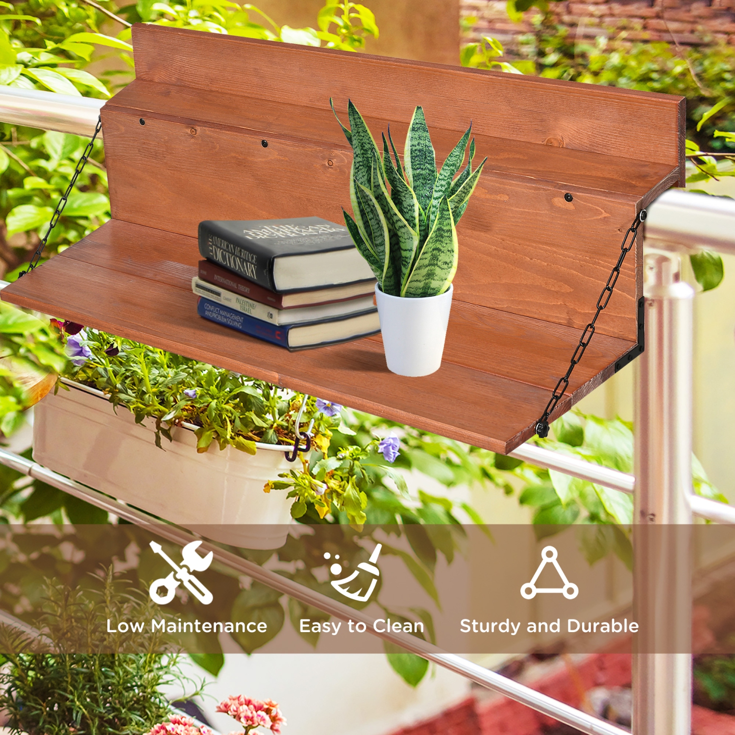 Outsunny Table de garde-corps, table suspendue d'extérieur en épicéa, bureau de balcon pliable pour terrasse et jardin, orange