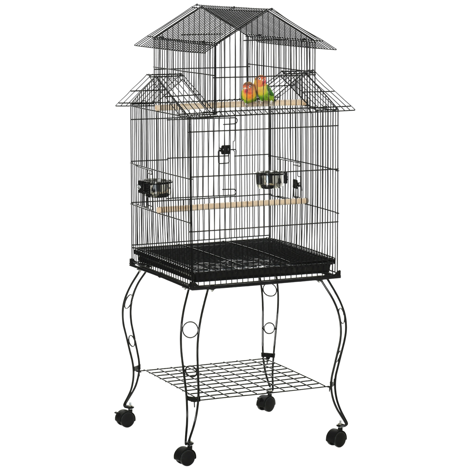 PawHut 53.9'' Large Rolling Steel Bird Cage Bird House with Detachable Rolling Stand, Storage Shelf, Wood Perch, Food Container, Black