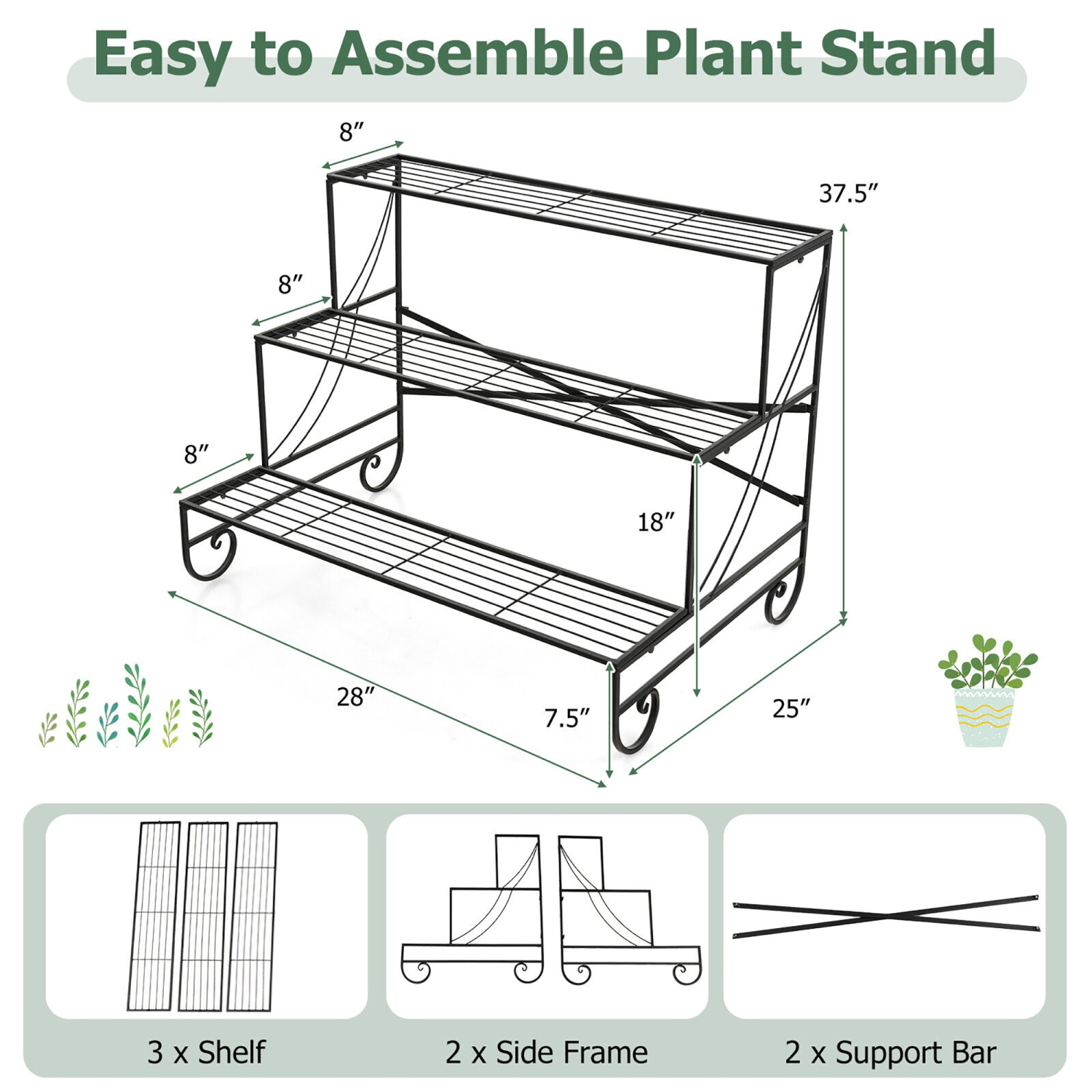 Gymax 3-Tier Metal Shelf Ladder Shaped Plant Stand Flower Pot Display Rack Organizer