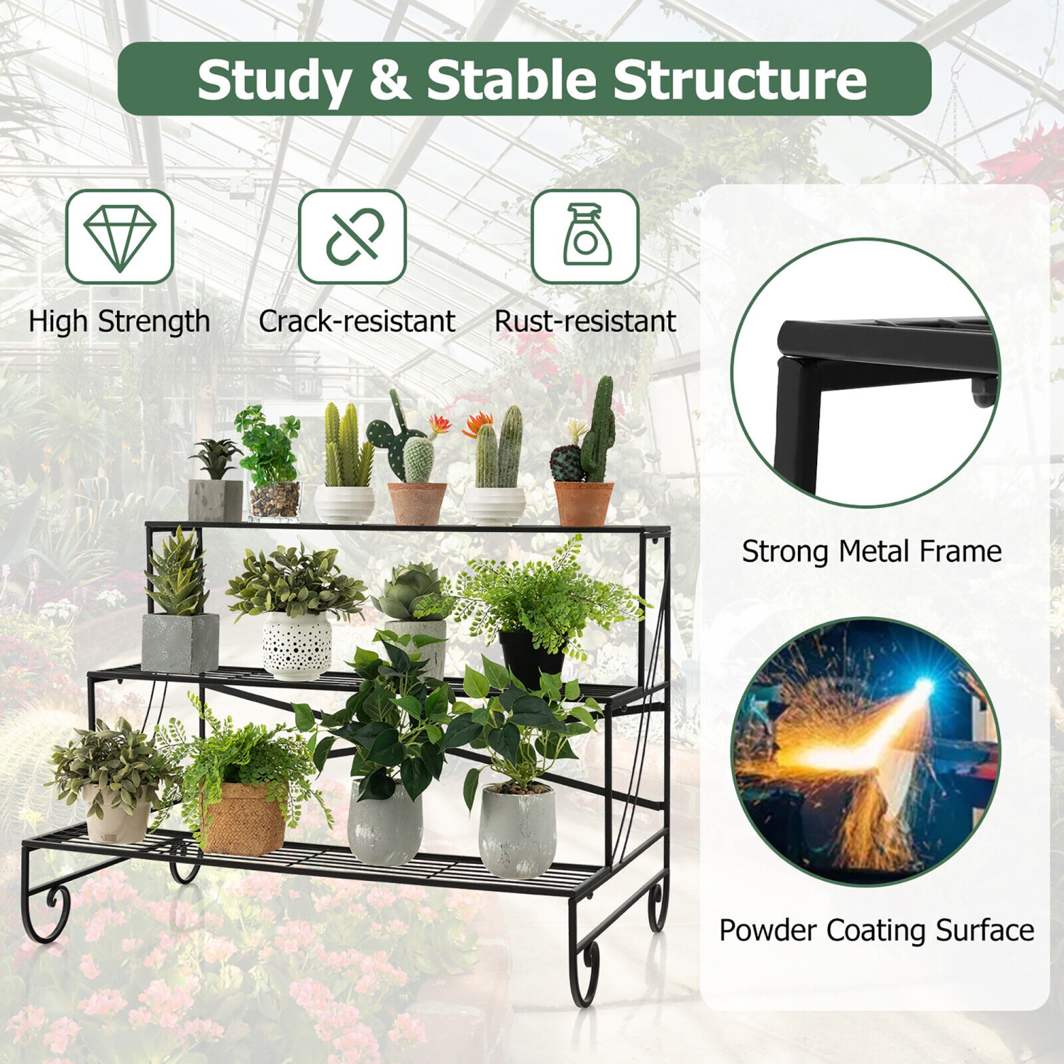 Gymax 3-Tier Metal Shelf Ladder Shaped Plant Stand Flower Pot Display Rack Organizer