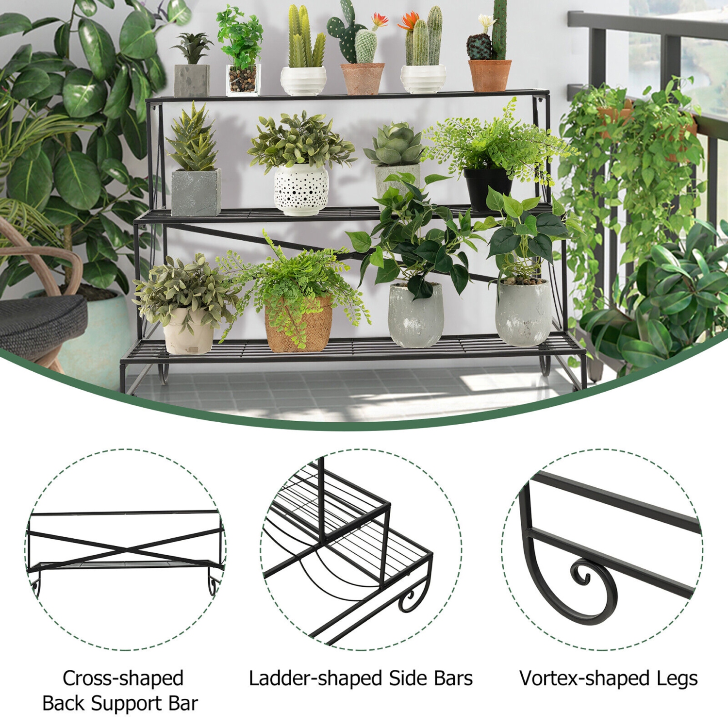 Gymax 3-Tier Metal Shelf Ladder Shaped Plant Stand Flower Pot Display Rack Organizer