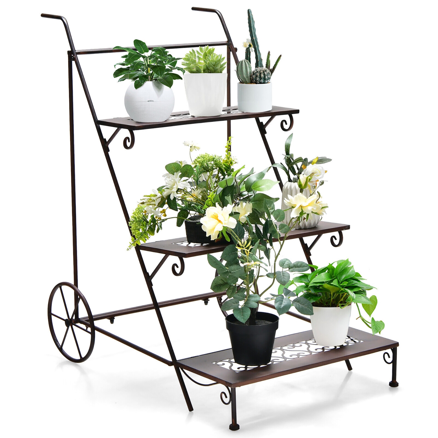 Gymax 3-Tier Metal Plant Stand Ladder Shaped Flower Pot Holder Storage Rack w/ Wheels