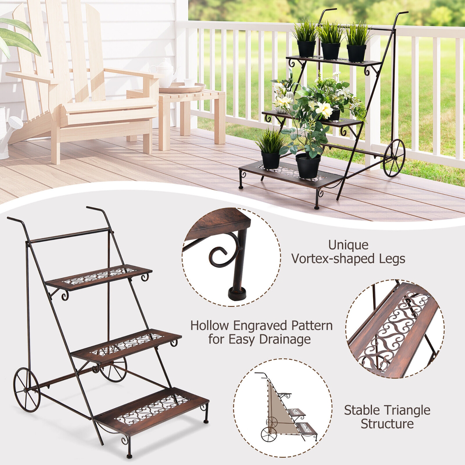 Gymax 3-Tier Metal Plant Stand Ladder Shaped Flower Pot Holder Storage Rack w/ Wheels