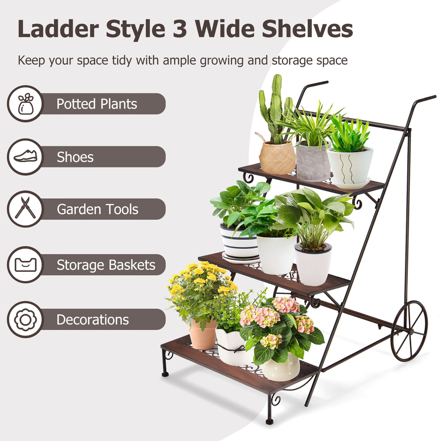Gymax 3-Tier Metal Plant Stand Ladder Shaped Flower Pot Holder Storage Rack w/ Wheels