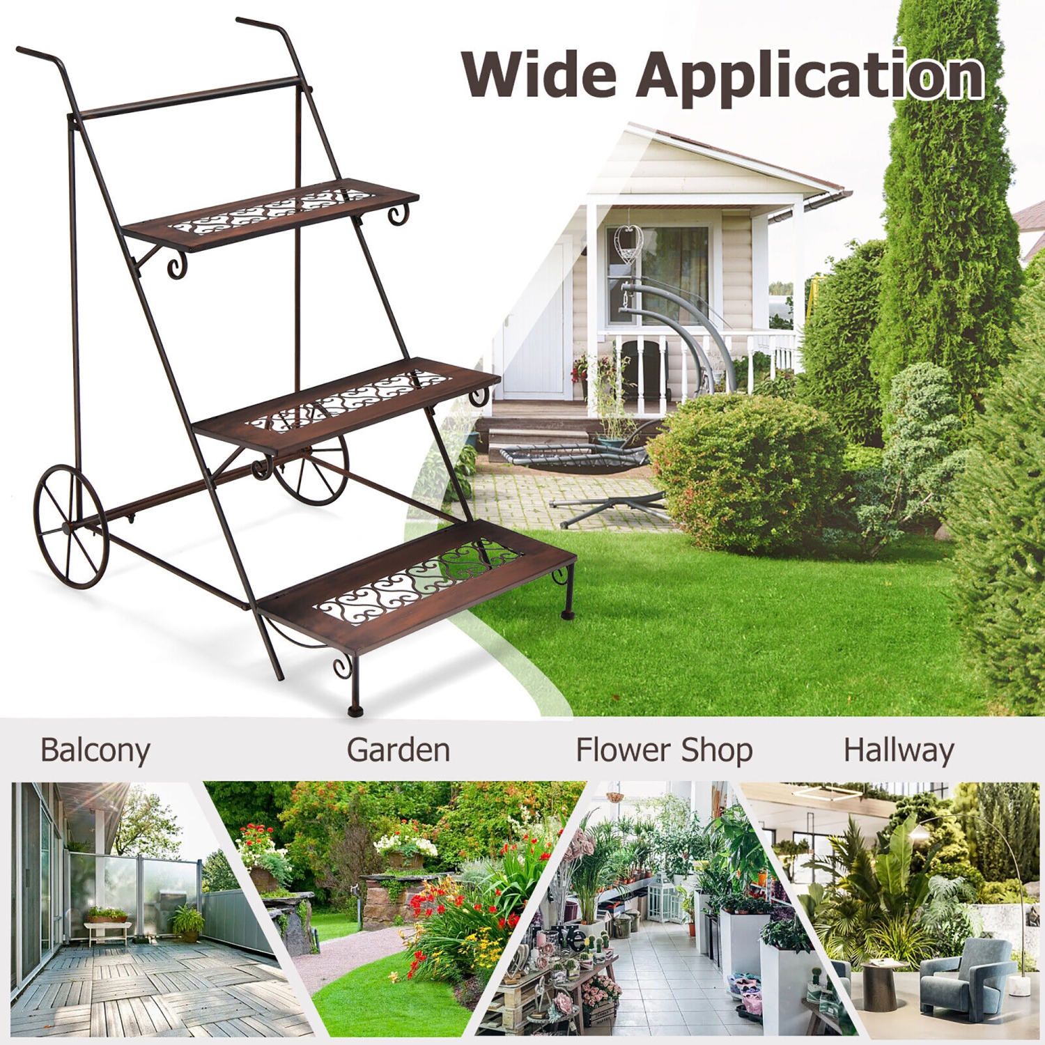 Gymax 3-Tier Metal Plant Stand Ladder Shaped Flower Pot Holder Storage Rack w/ Wheels
