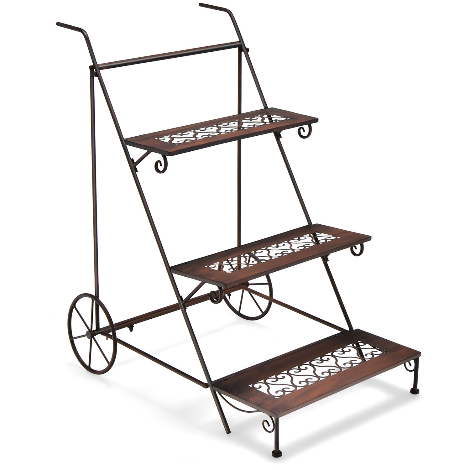 Gymax 3-Tier Metal Plant Stand Ladder Shaped Flower Pot Holder Storage Rack w/ Wheels