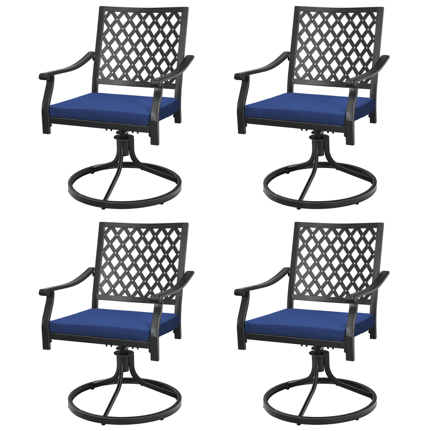 Gymax 4PCS Patio Swivel Dining Chairs Lattice Rocker Cushioned Armrest Navy