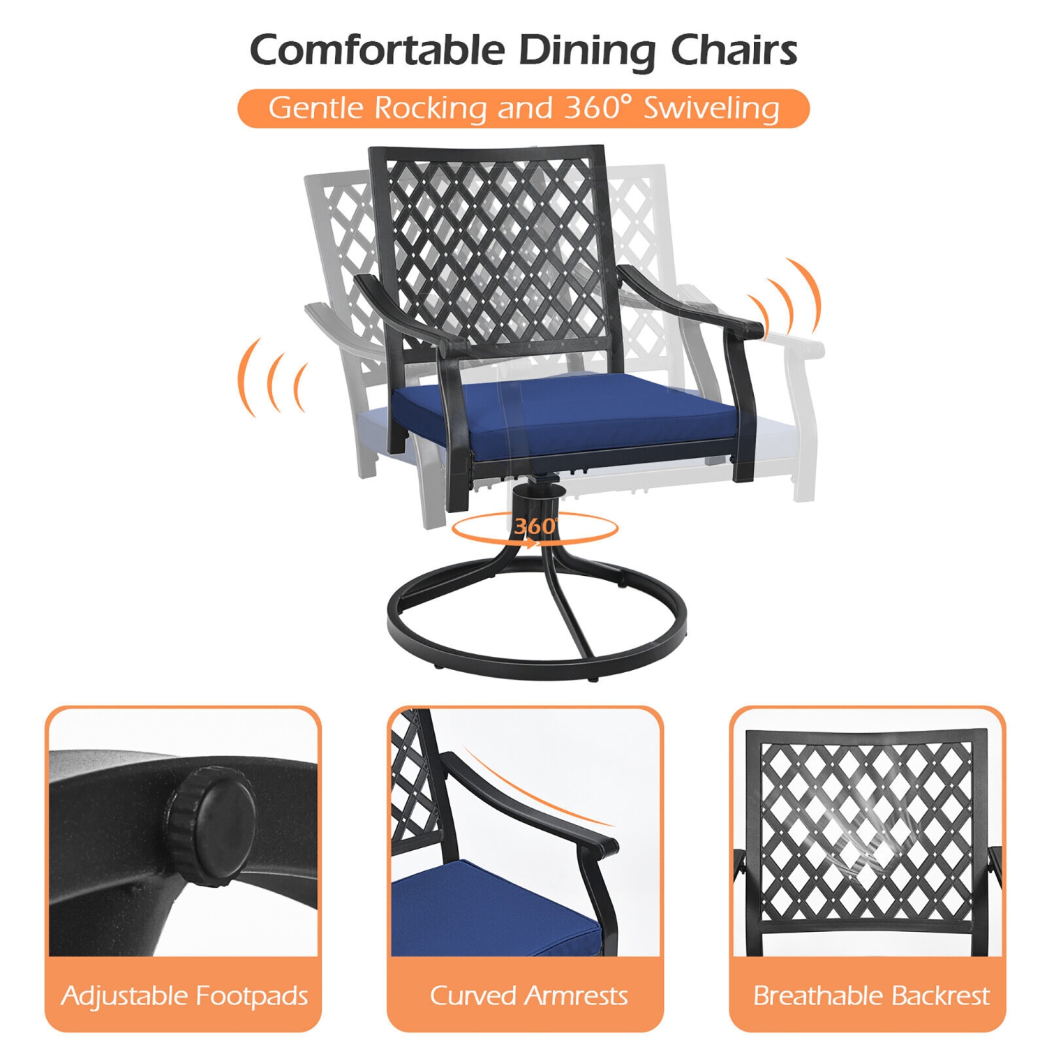 Gymax 2PCS Patio Swivel Dining Chairs Lattice Rocker Cushioned Armrest Navy