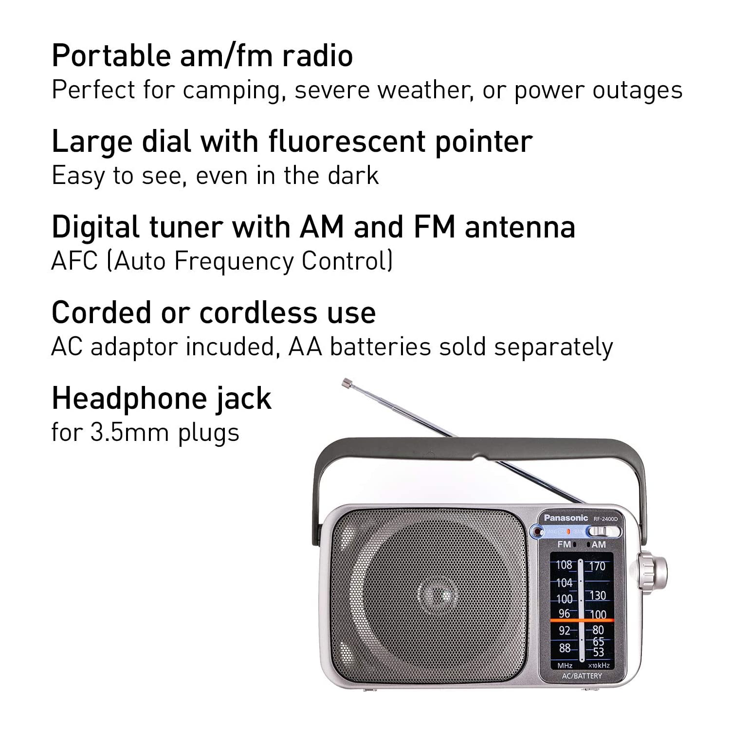 Panasonic Portable AM / FM Radio Silver + 4x AA Batteries With Charger + Cloth Bundle