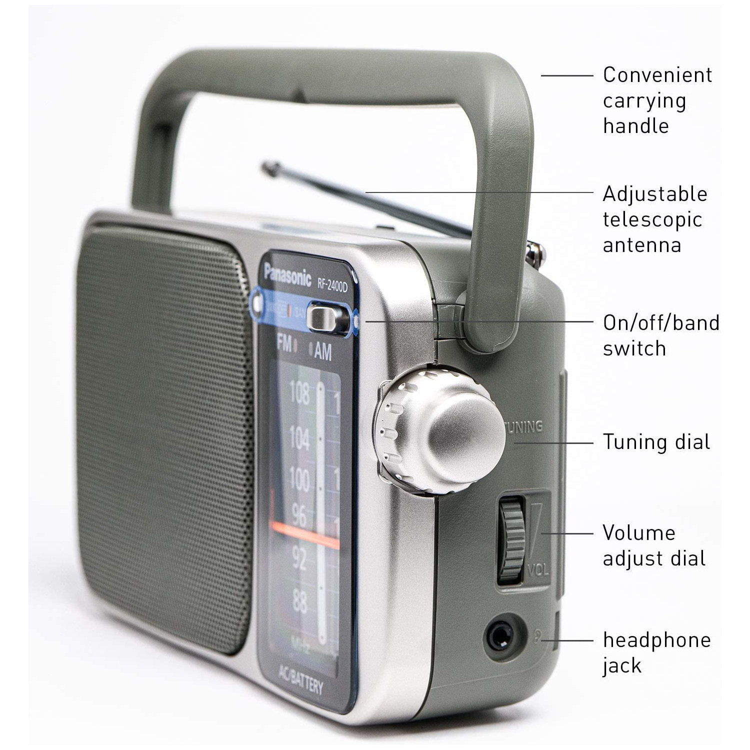 Panasonic Portable AM / FM Radio Silver + 4x AA Batteries With Charger + Cloth Bundle