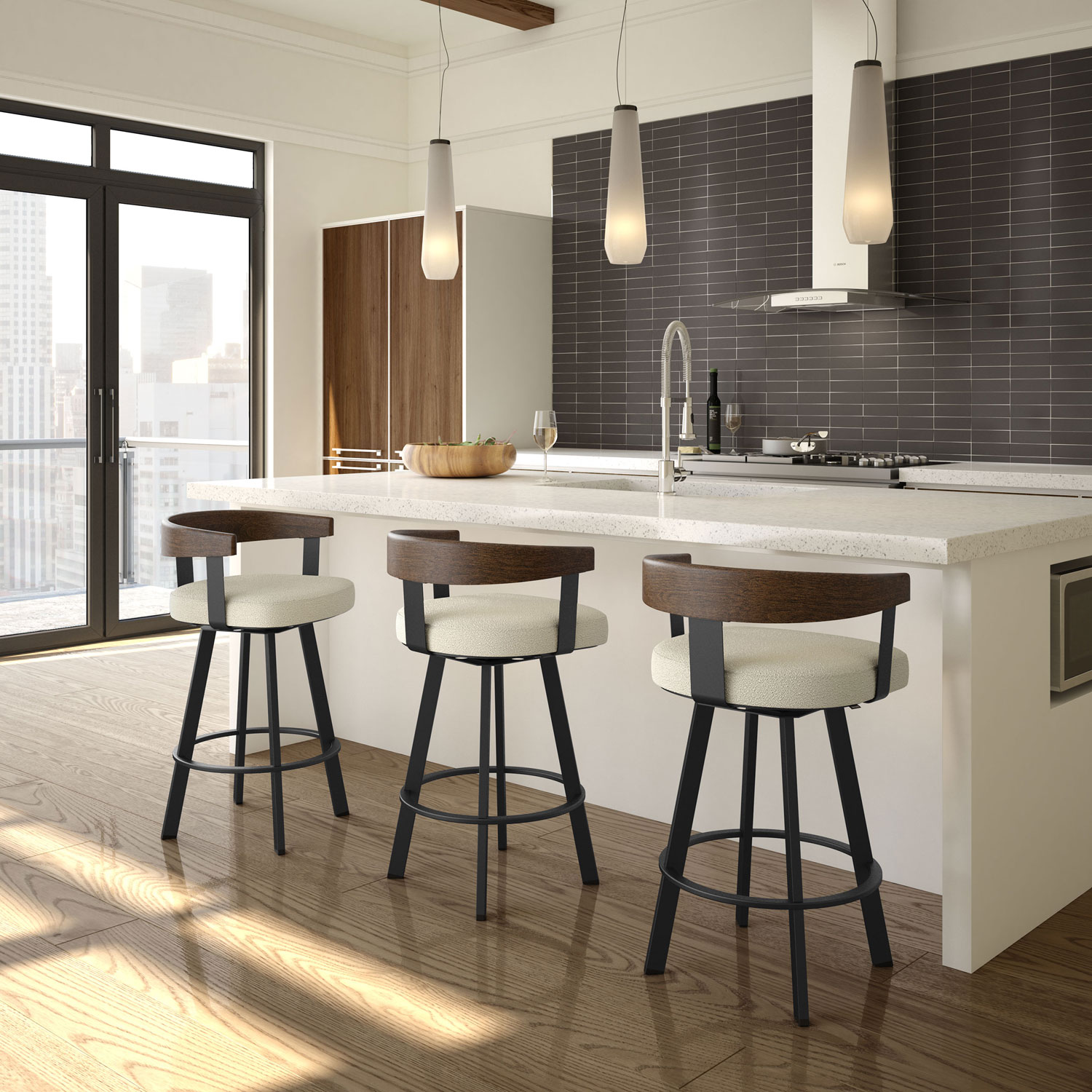 Lars Contemporary Counter Height Barstool - Cream Bouclé/Brown/Black