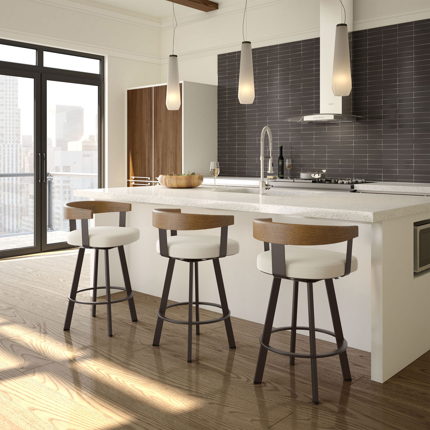 Lars Contemporary Counter Height Barstool - Cream Bouclé/Light Brown/Dark Brown