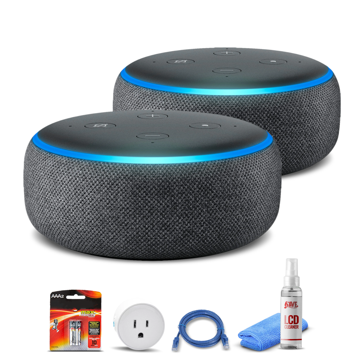 (2) Amazon Echo Dot (3rd, Black) + Smart Plug + Cat5 Cable + Batteries