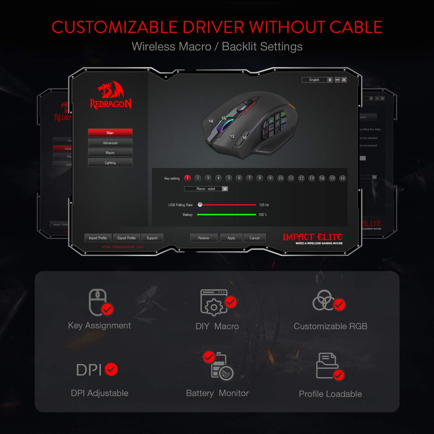 Redragon M913 Impact Elite Wireless Gaming Mouse, 16,000 DPI Wired/Wireless RGB Gamer Mouse with 16 Programmable Buttons, 45 Hr Battery and Pro
