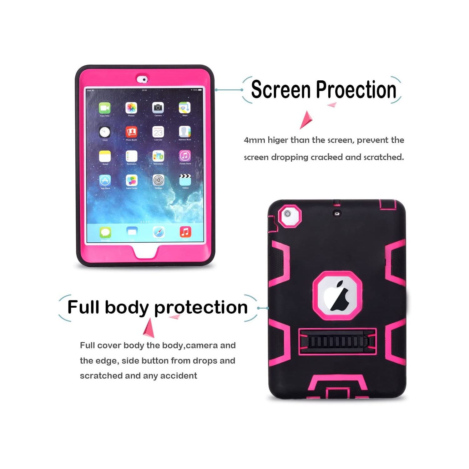 Mini étui iPad, étui iPad Mini 2, étui iPad Mini 3, béquille robuste 3 en 1 Combo étui rigide en silicone pour iPad mini 1 2 3