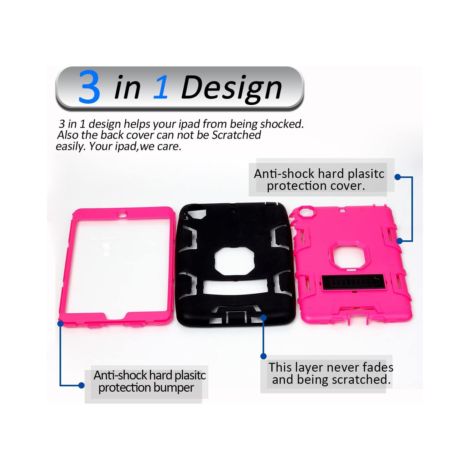 Mini étui iPad, étui iPad Mini 2, étui iPad Mini 3, béquille robuste 3 en 1 Combo étui rigide en silicone pour iPad mini 1 2 3