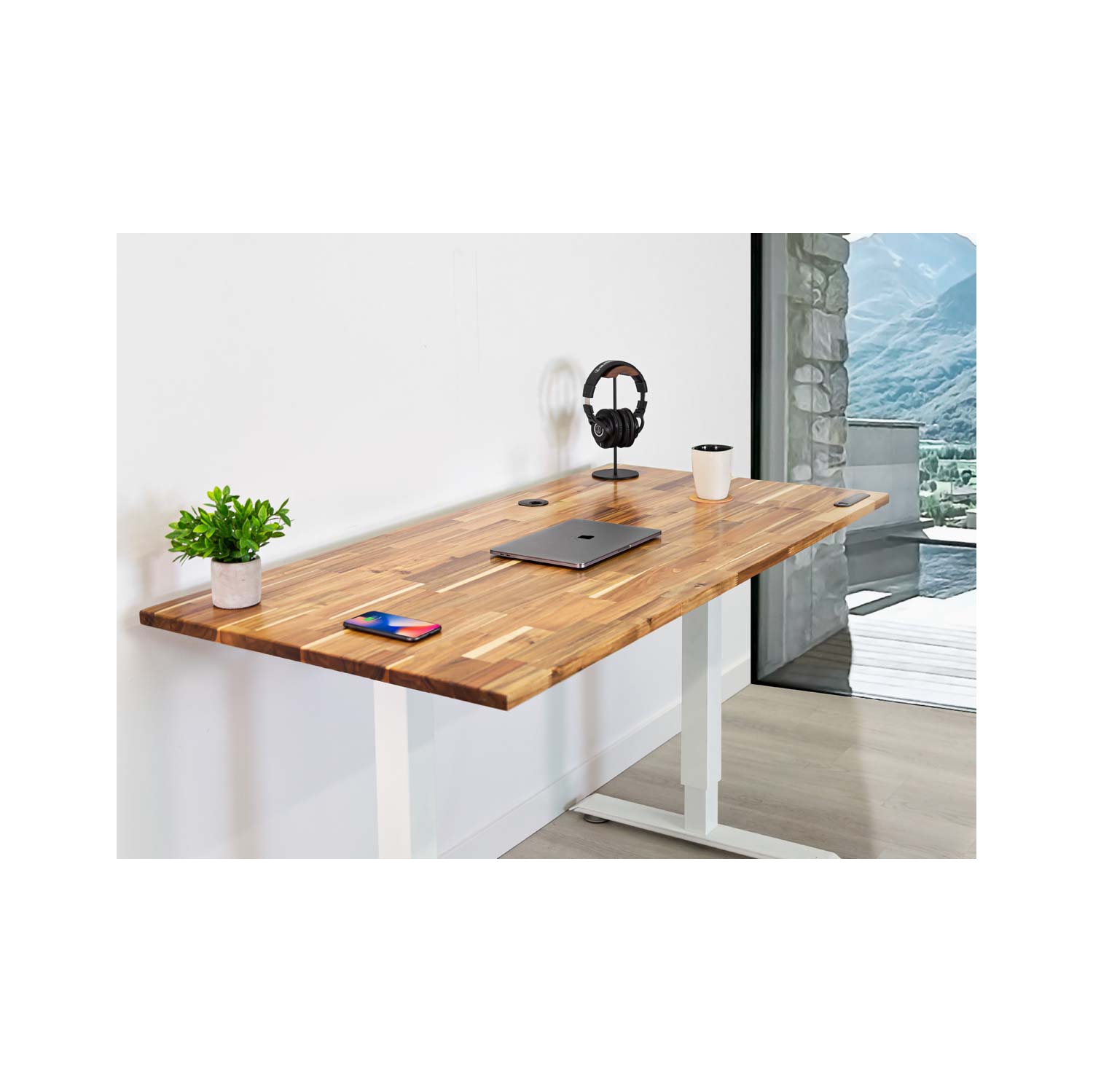 Home sit and stand desk - Acacia Tabletop on Home White Frame Large