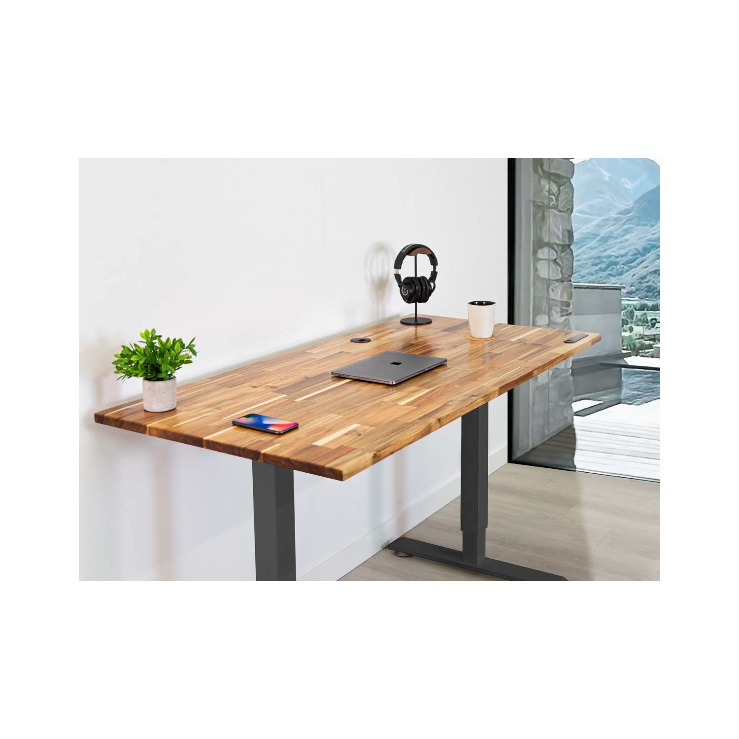 Home sit and stand desk - Acacia Tabletop on Home Grey Frame Large