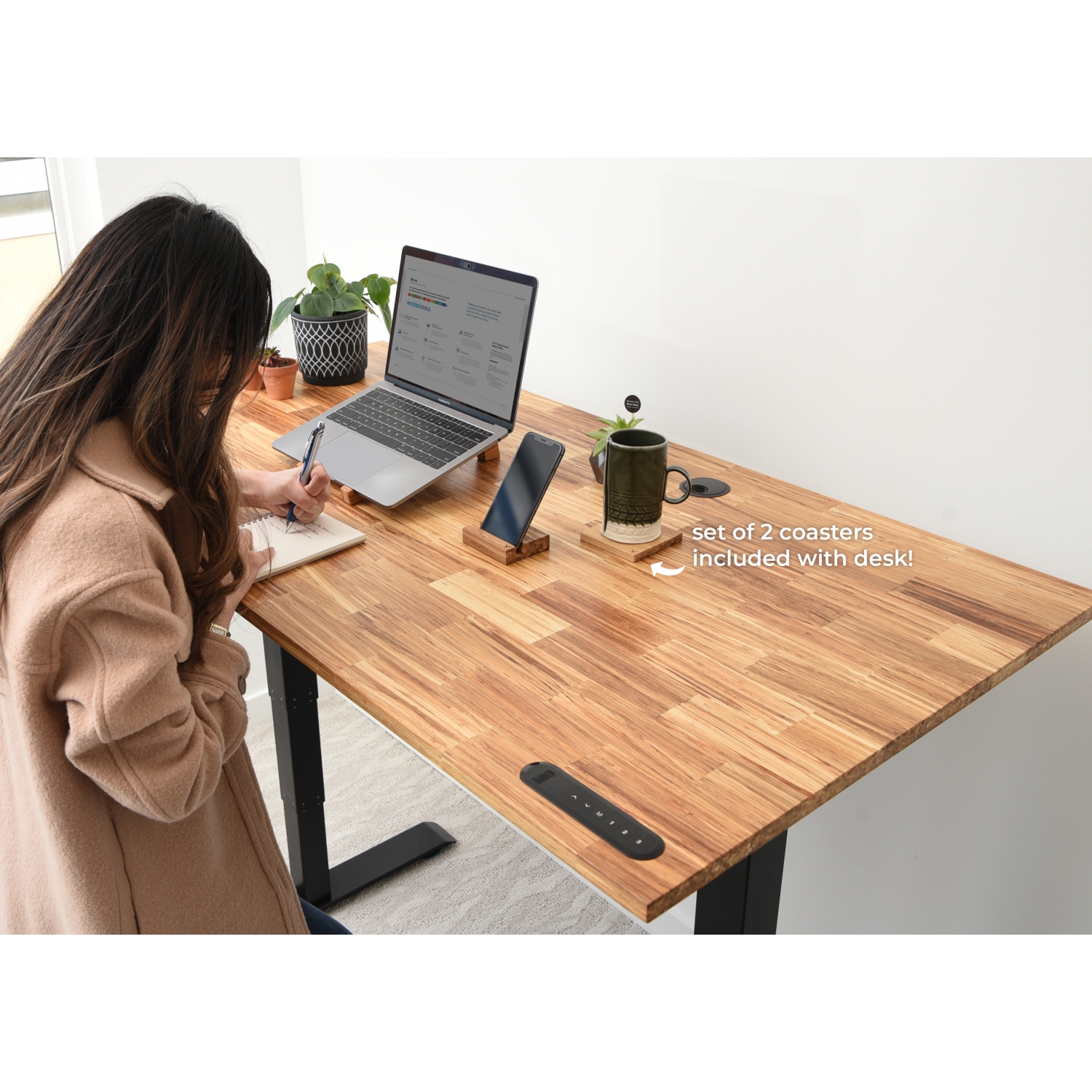 EFFYDESK TerraDesk Eco-Friendly Height-Adjustable Electric Standing Desk - Made from Recycled Chopsticks with Cable Management Tray and 10-Year