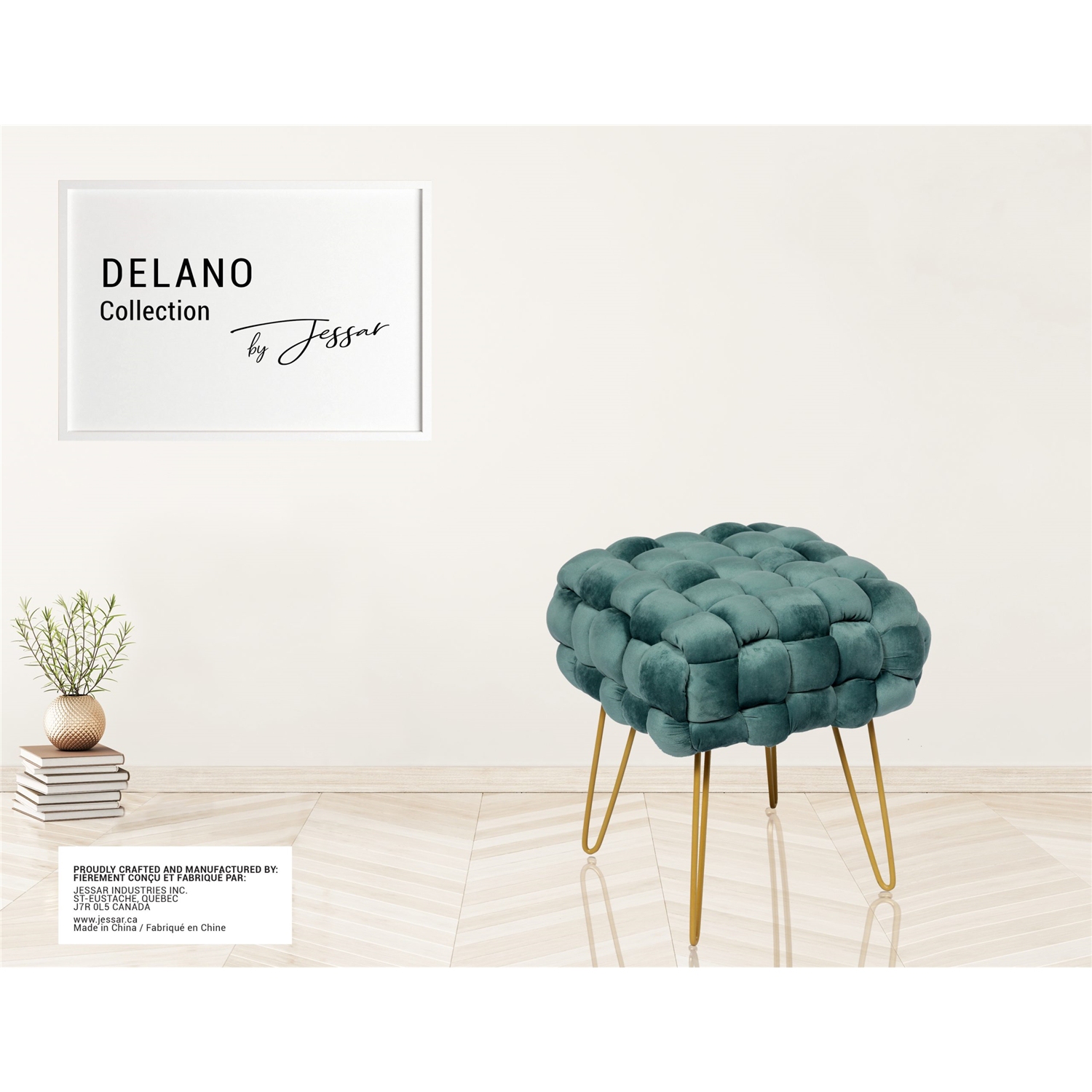 Jessar - Velvet Ottoman/Footstool with Metal Base, 14.9" x 14.9" x 16.9", Green