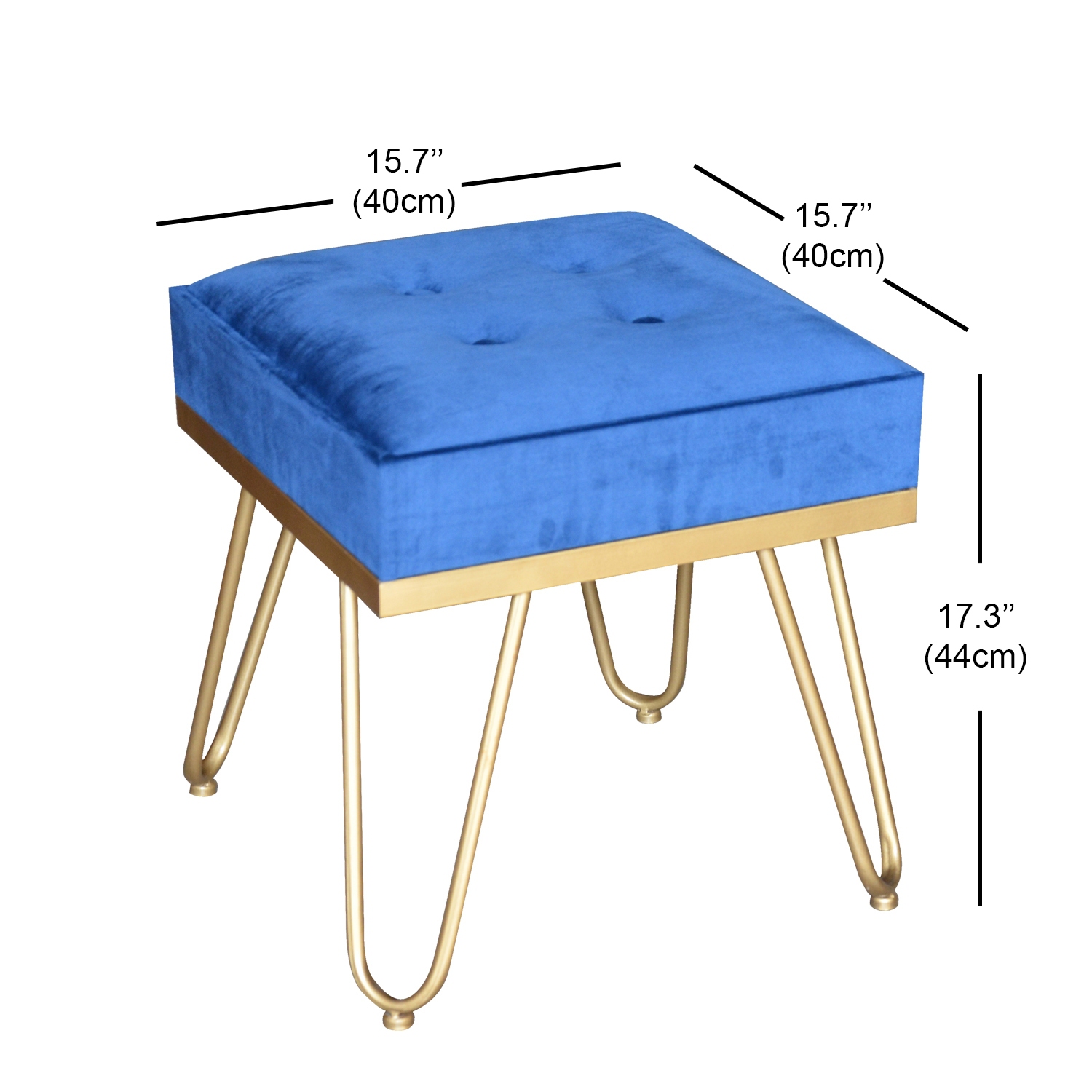 Jessar - Velvet Ottoman/Footstool with Metal Base, 15.7" x 15.7" x 17.3", Blue