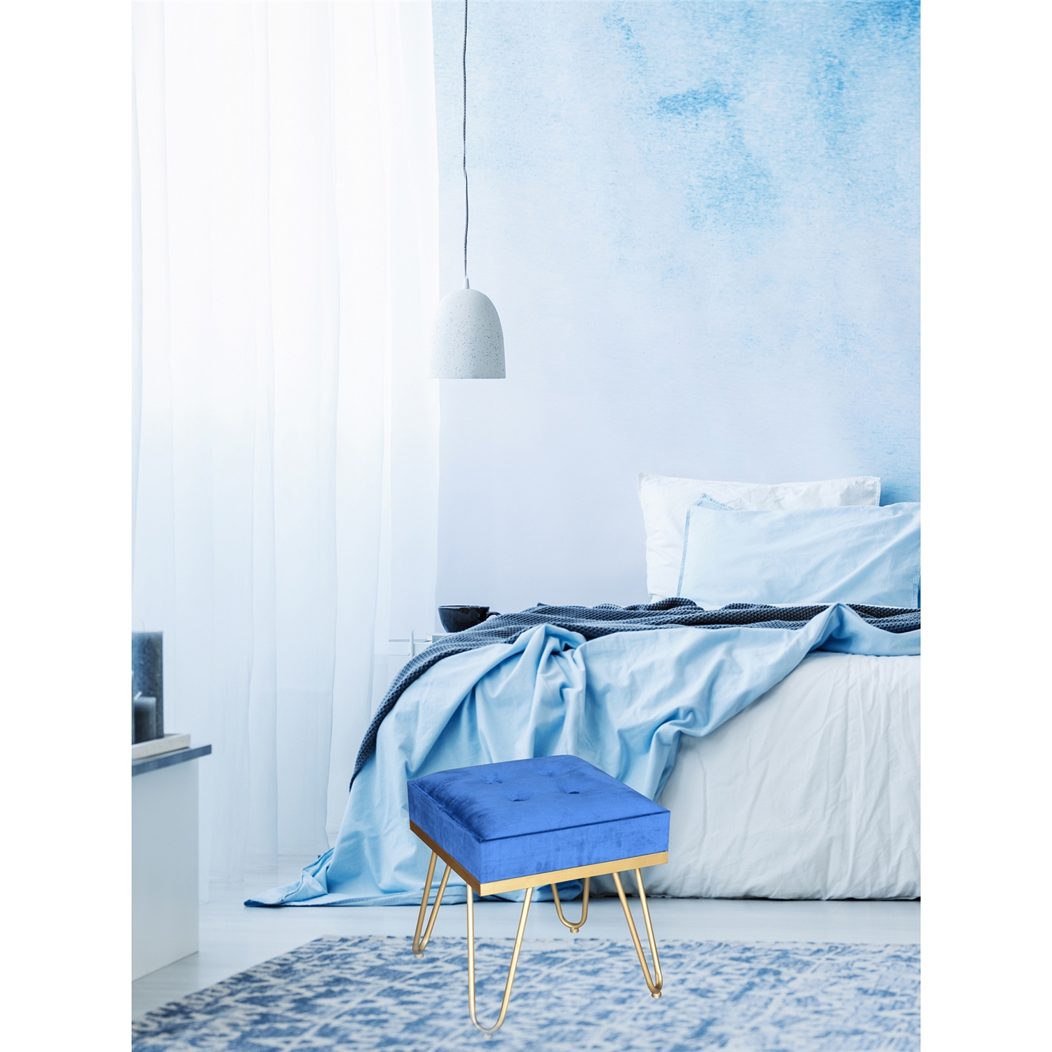 Jessar - Velvet Ottoman/Footstool with Metal Base, 15.7" x 15.7" x 17.3", Blue