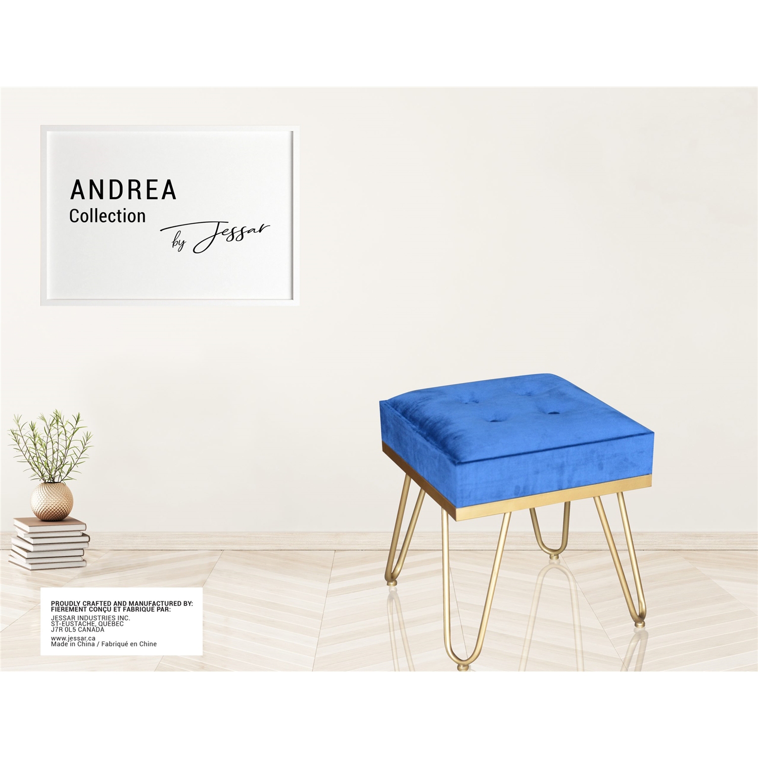 Jessar - Velvet Ottoman/Footstool with Metal Base, 15.7" x 15.7" x 17.3", Blue