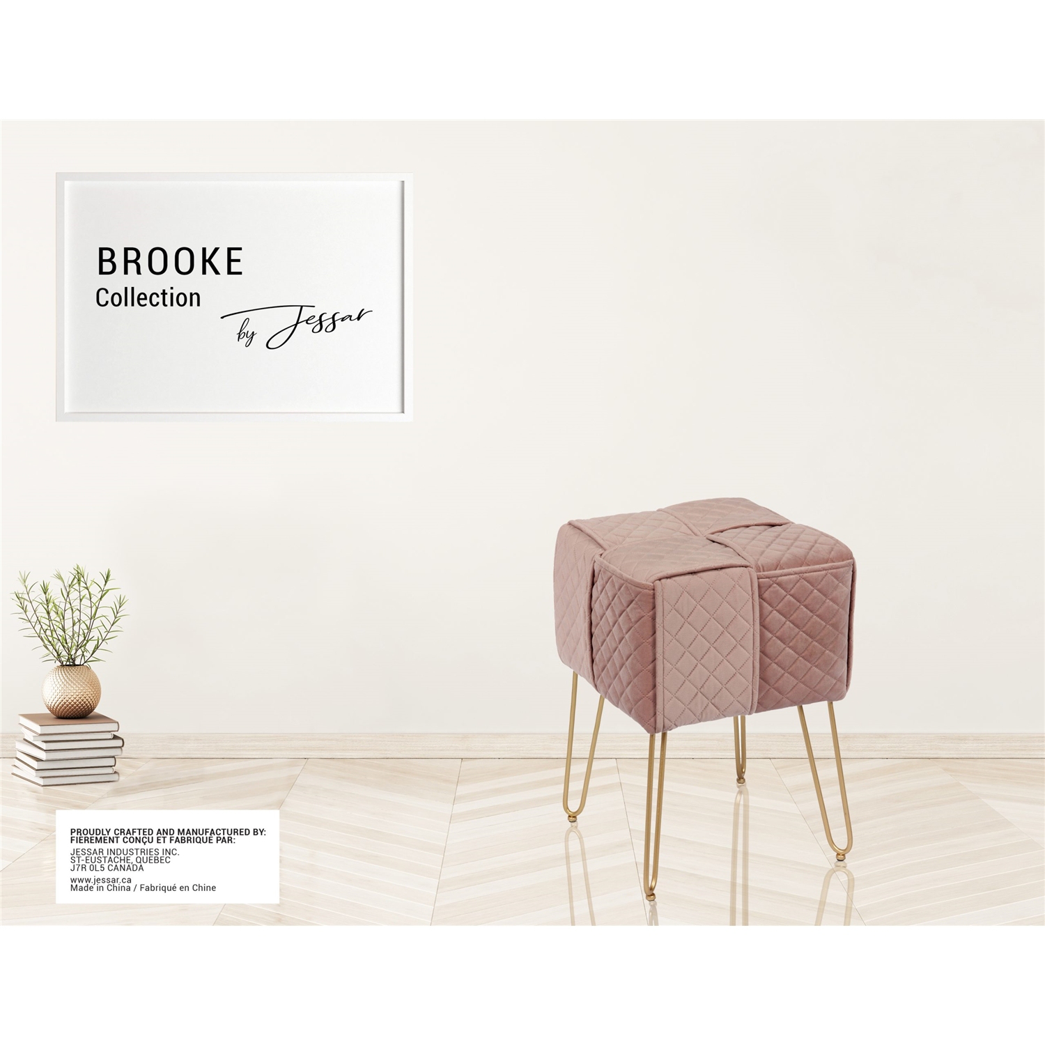 Jessar - Pouf/Repose-Pied en Velour avec Base en Métal, 13.3" x 13.3" x 18.9", Rose