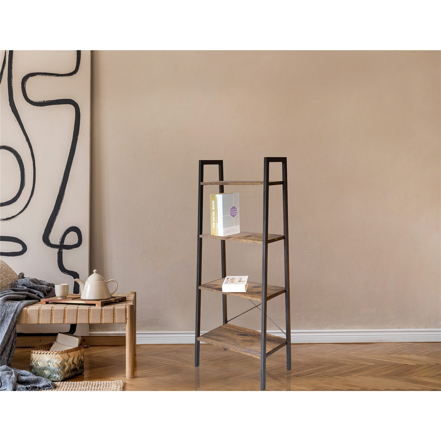 Jessar - Shelving Unit with 4 Shelves, Metal Frame, From the Guilio Collection, Brown