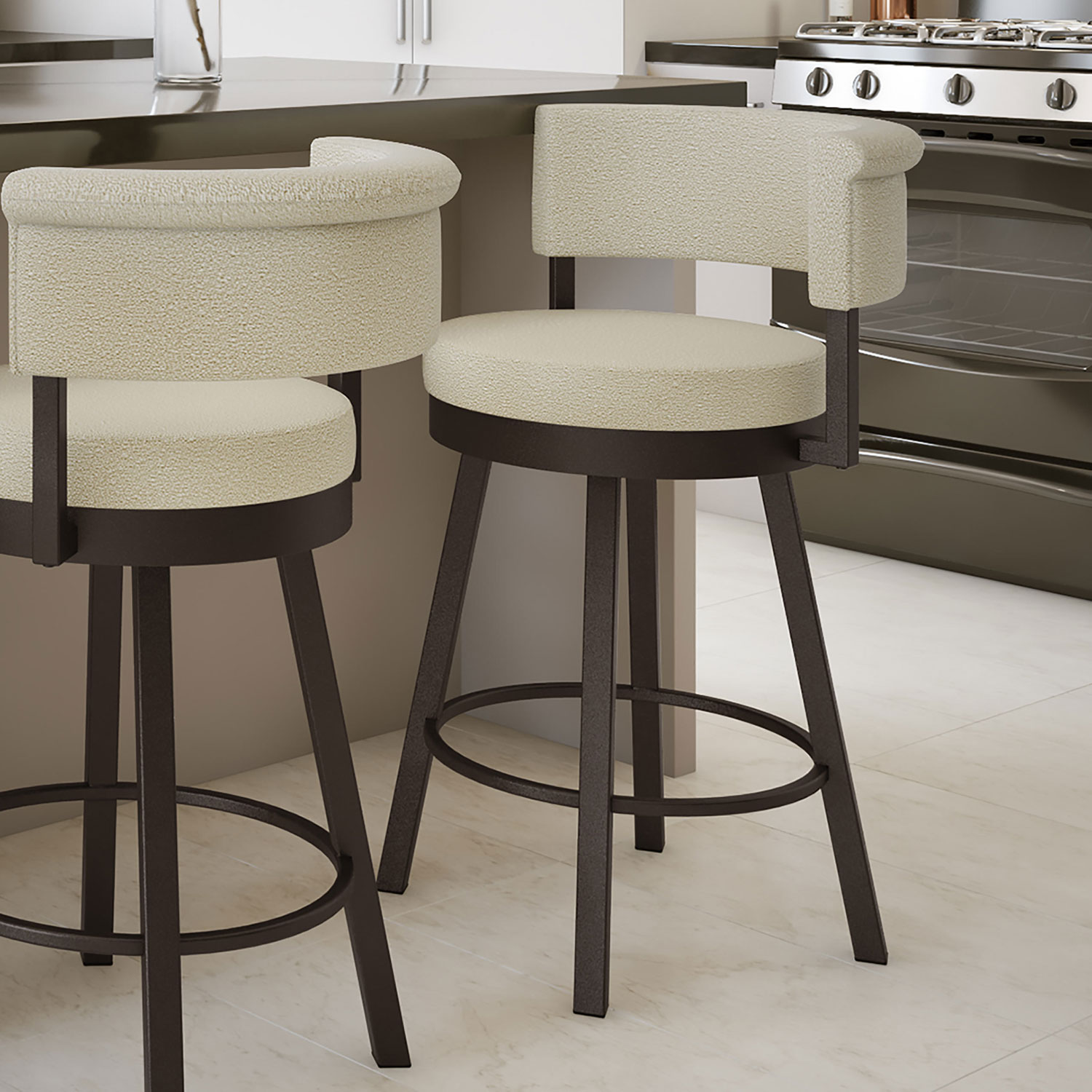 Tabouret de bar contemporain à hauteur de comptoir Rosco - Bouclé crème/Brun foncé