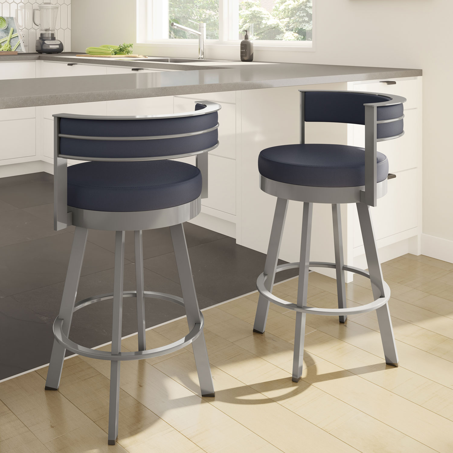 Browser Contemporary Counter Height Barstool - Navy Blue/Metallic Grey