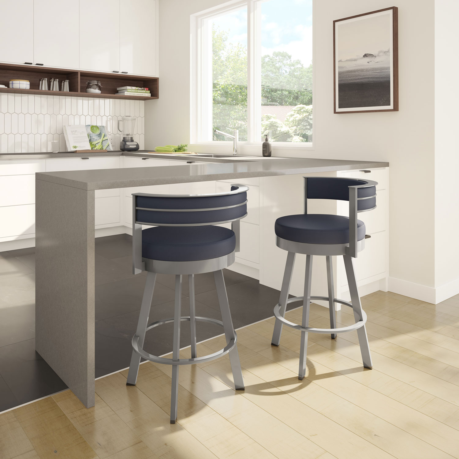 Browser Contemporary Bar Height Barstool - Navy Blue/Metallic Grey