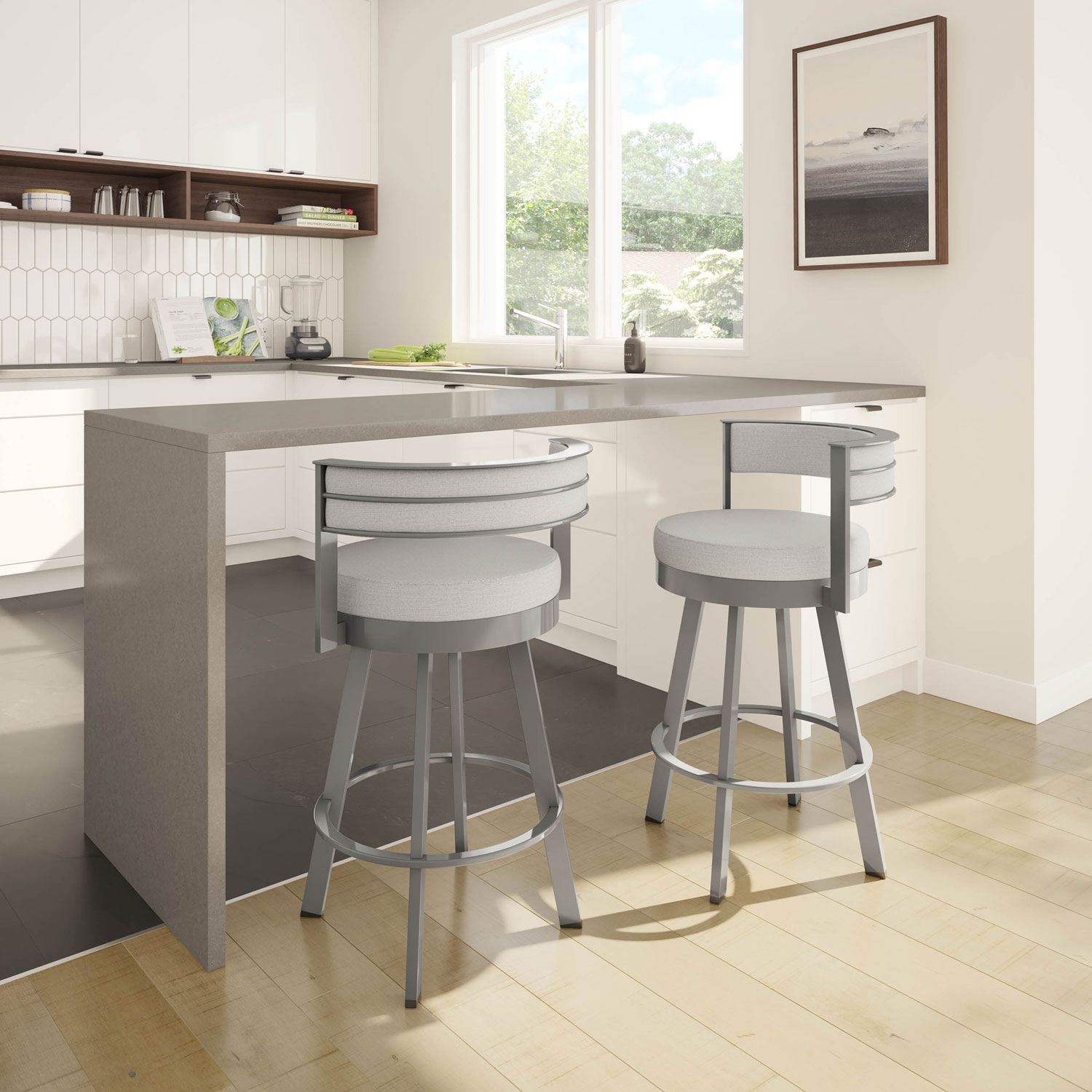 Browser Contemporary Bar Height Barstool - Light Grey/Metallic Grey