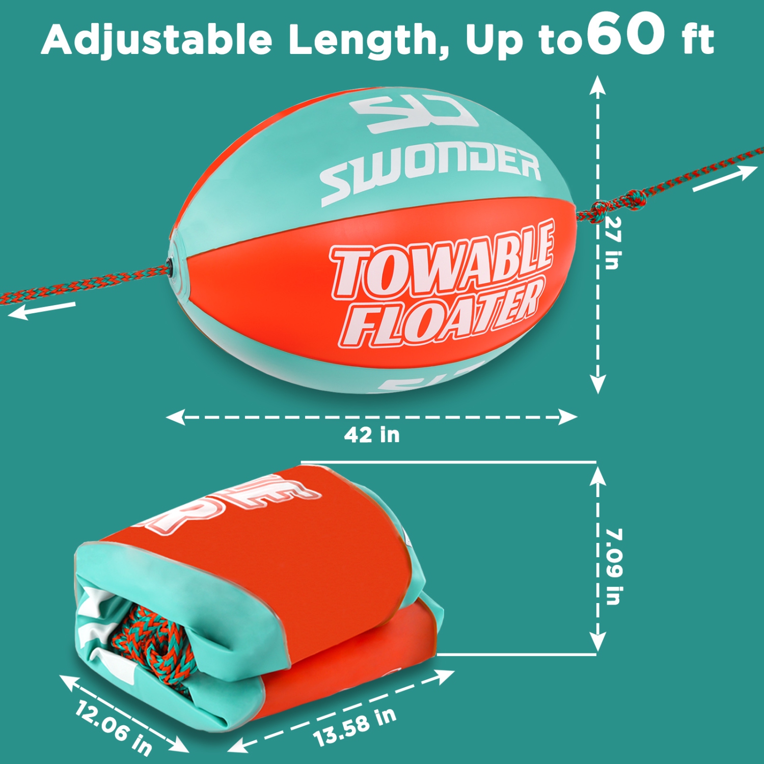 SWONDER Towable Tube Floater, Watersports Towable Ball with 60ft Tow Rope for 1-4 Rider Towable Tubes