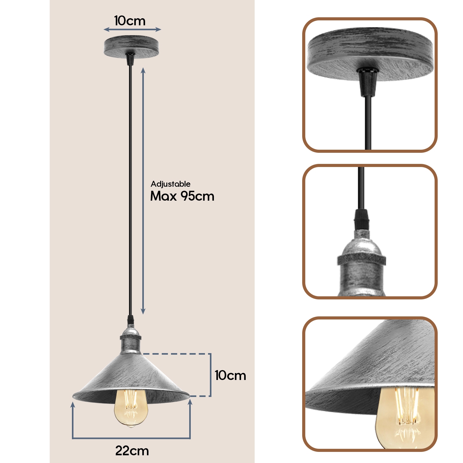 Relicelectrical Vintage Brushed silver Ceiling pendant Hanging Light
