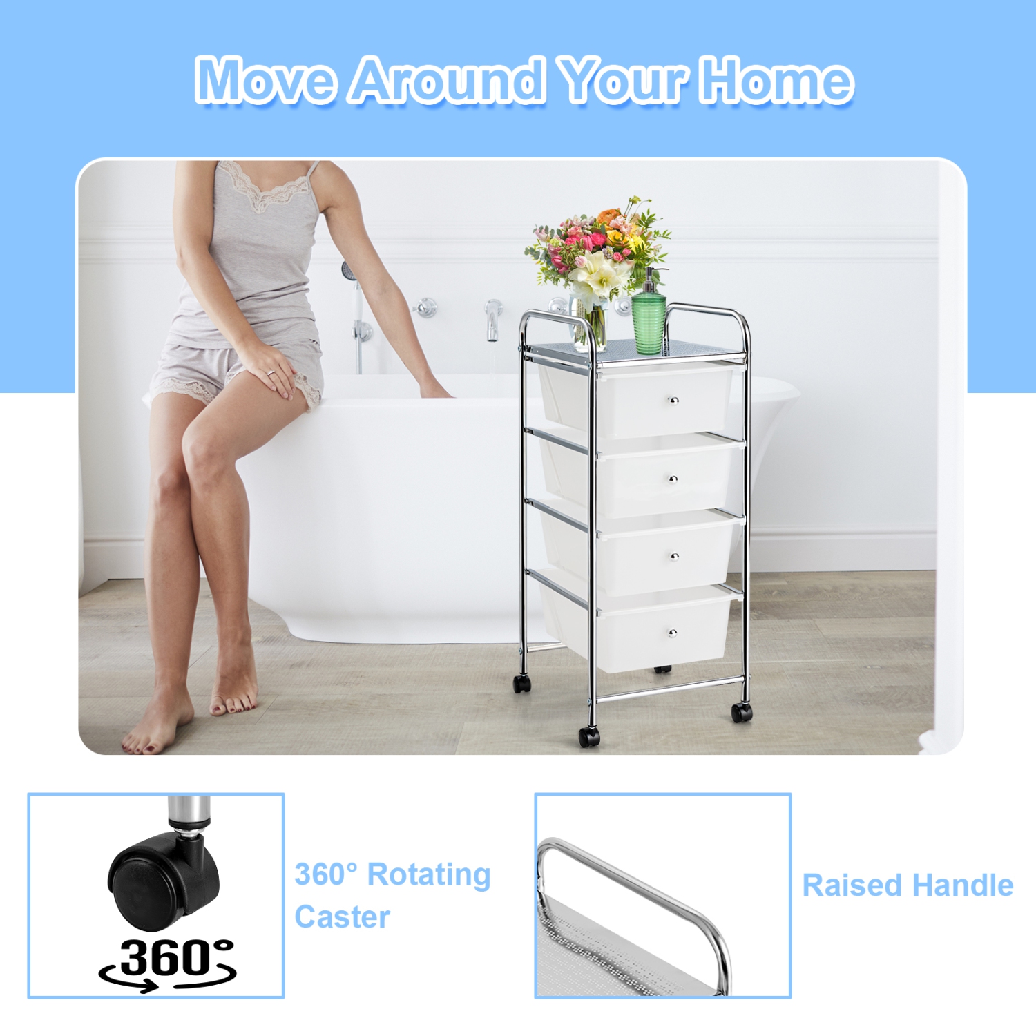 Topbuy 4 Drawer Cart Storage Container Bins with wheels for Home&School&Office