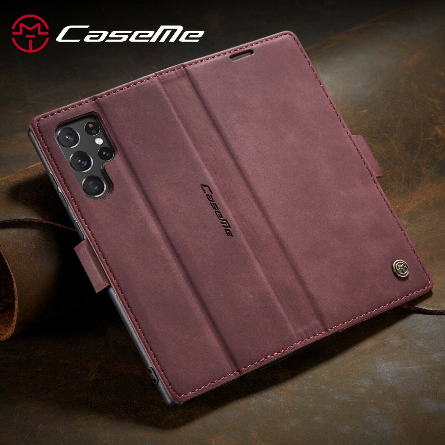 CaseMe Magnetic Stand Flip Protective Cover Leather Flip Cover Purse Style with ID & Credit Card Slots Holder for Samsung Galaxy S22 ULTRA -Wine Red