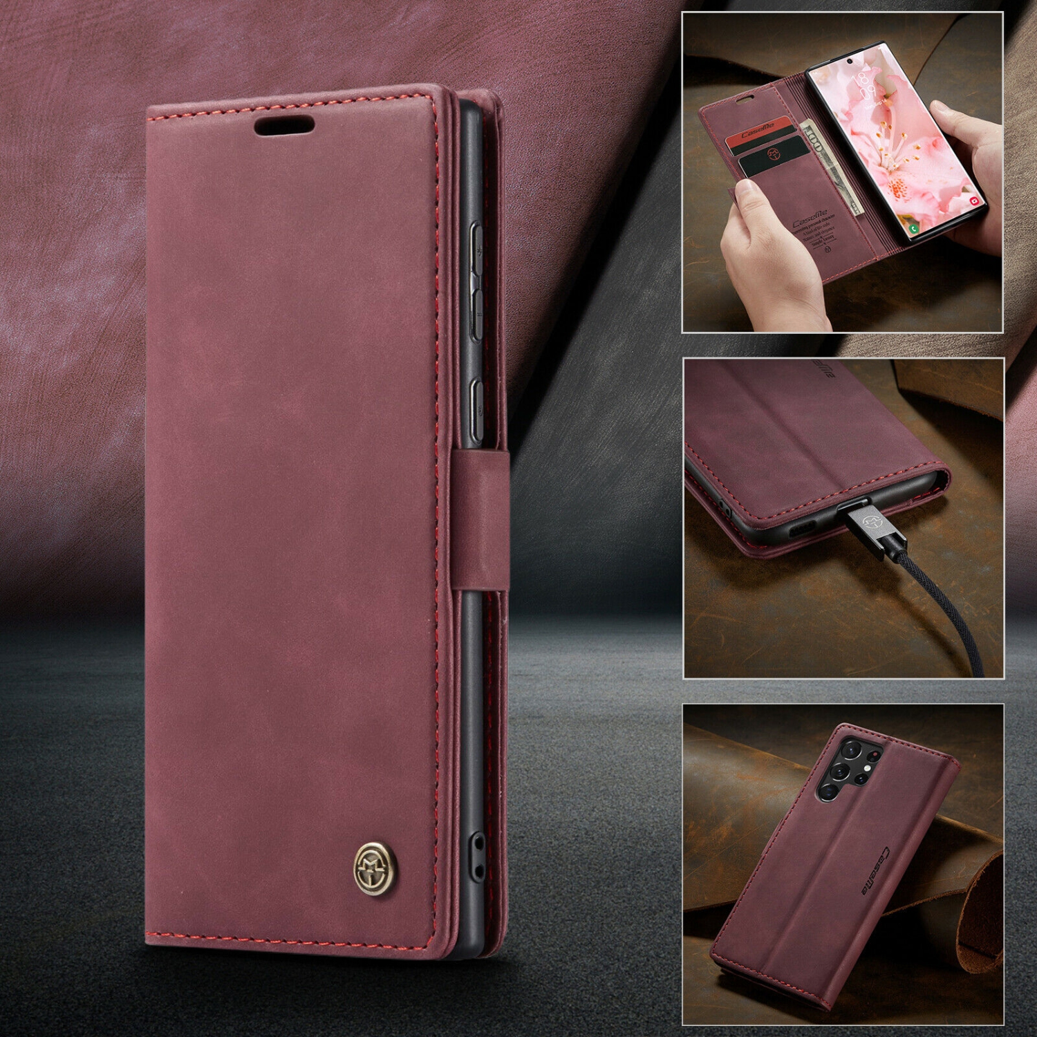 CaseMe Magnetic Stand Flip Protective Cover Leather Flip Cover Purse Style with ID & Credit Card Slots Holder for Samsung Galaxy S22 ULTRA -Wine Red