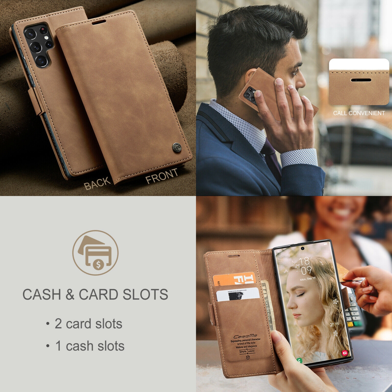 CaseMe Coque pour Samsung Galaxi S23 ULTRA étui portefeuille en cuir au design classique avec fente pour carte et fermeture magnétique -Marron